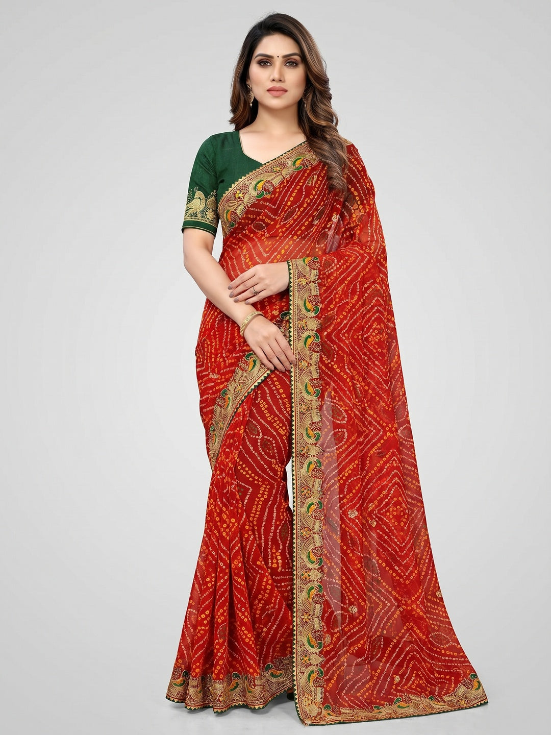 Peachmode Red Georgette Bandhani Saree with Embroidered Border - Image 1