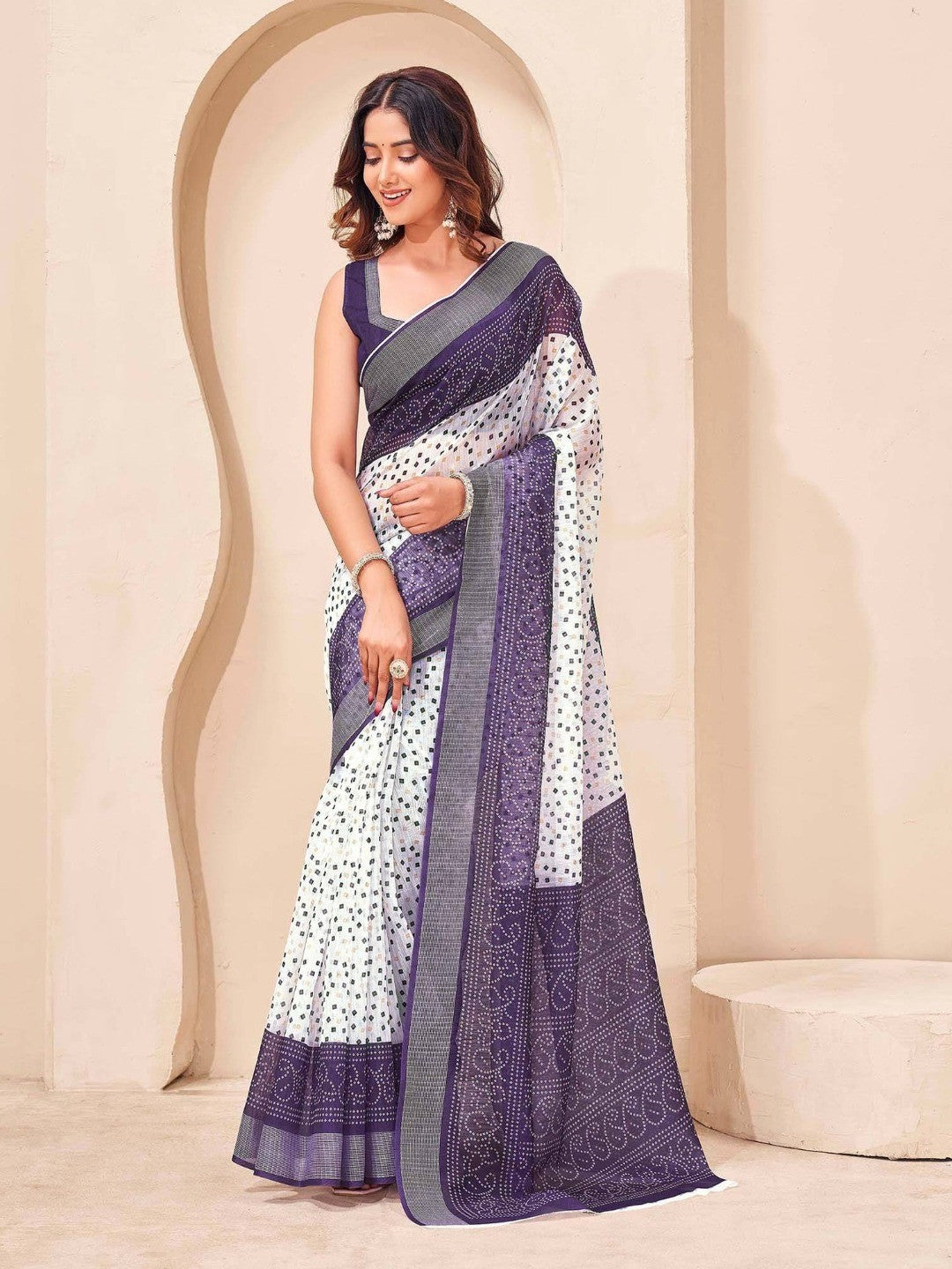 Peachmode White Lavender Soft Linen Saree - Lisa Linen - Image 1