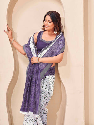 Peachmode White Lavender Soft Linen Saree - Lisa Linen - Image 2