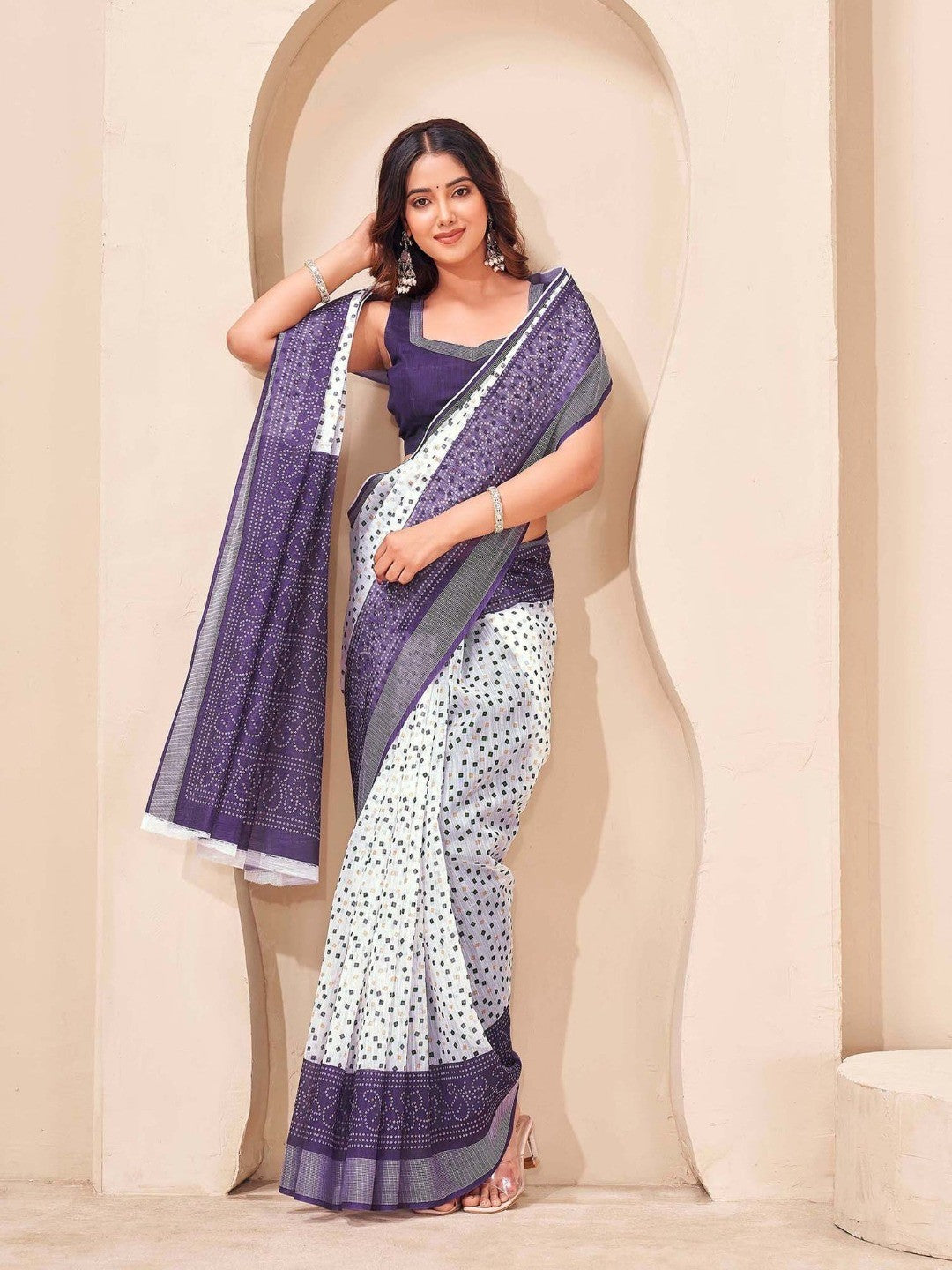Peachmode White Lavender Soft Linen Saree - Lisa Linen - Image 3