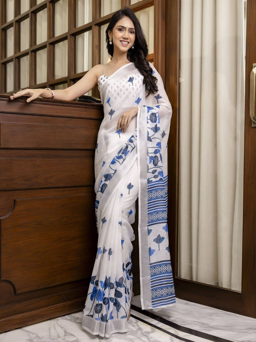 Peachmode White Blue Soft Linen Saree - Lisa Linen - Image 1