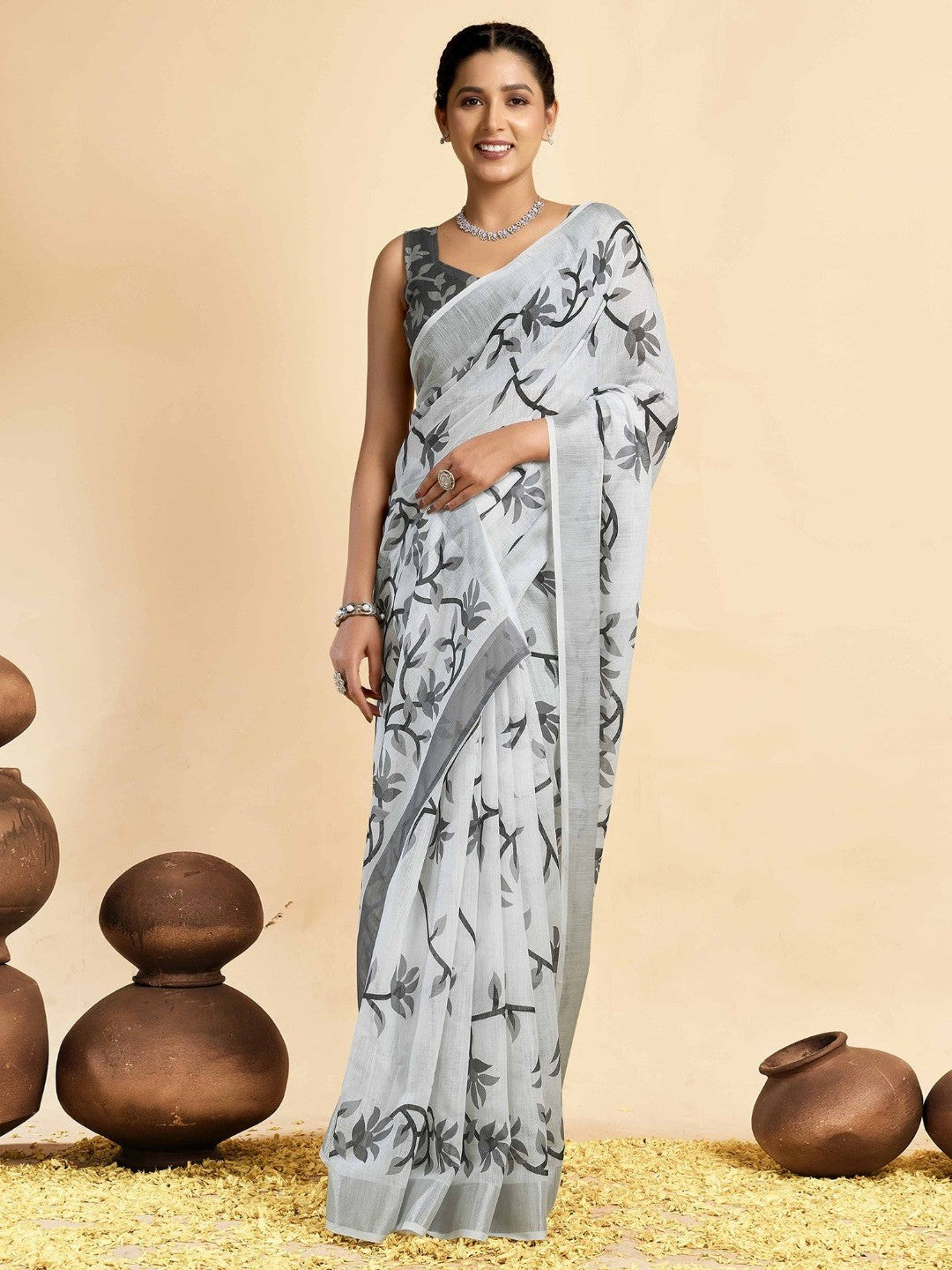 Peachmode White Soft Linen Saree - Lisa Linen - Image 4