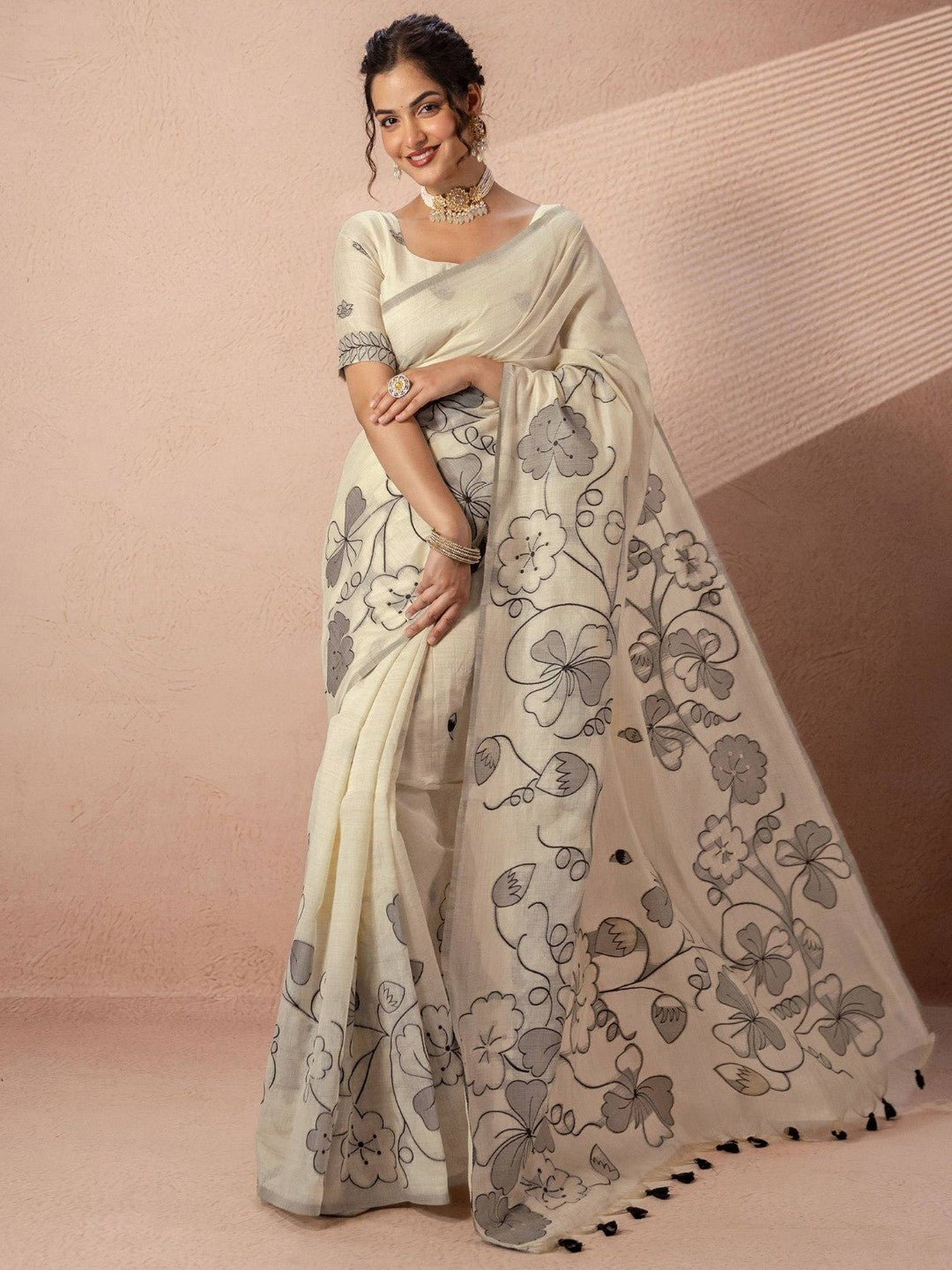 Peachmode Cream Soft Linen Saree - Lisa Linen - Image 1