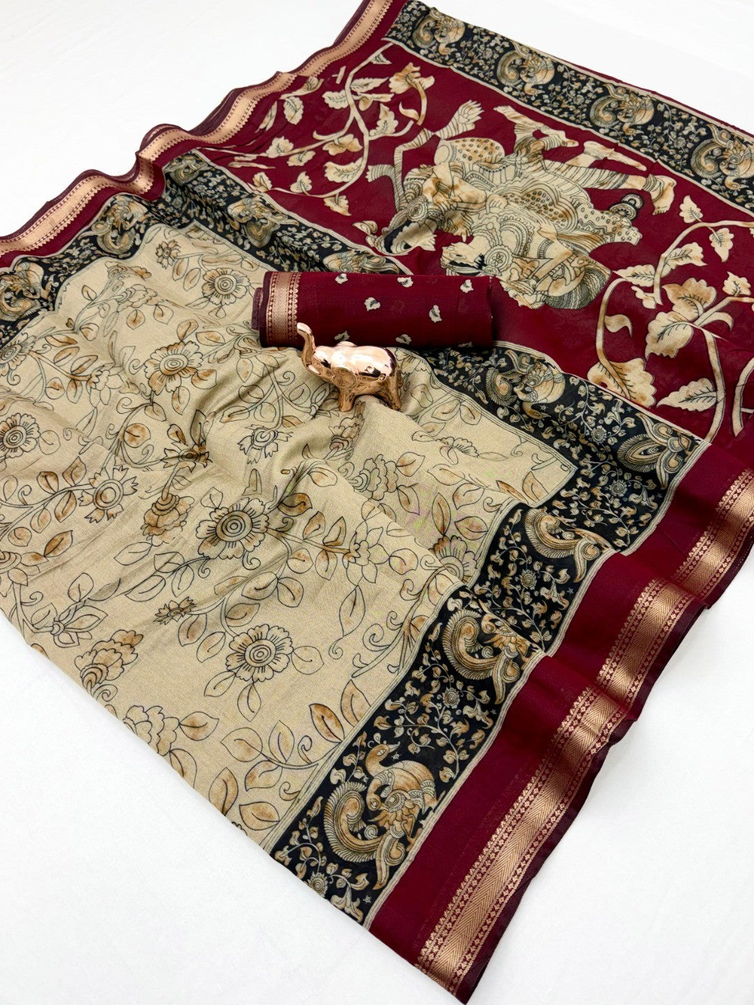 Peachmode Beige Mangalagiri Silk Saree with Red Border - Image 4