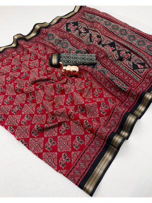 Peachmode Red Mangalagiri Silk Saree - Design D - Image 2