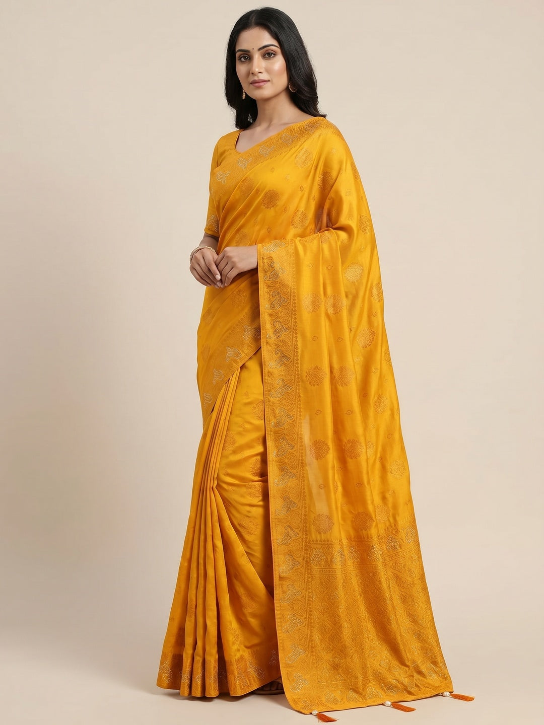 Peachmode Yellow Soft Dola Silk Zari Work Saree - Image 1
