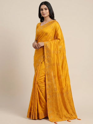 Peachmode Yellow Soft Dola Silk Zari Work Saree - Image 1