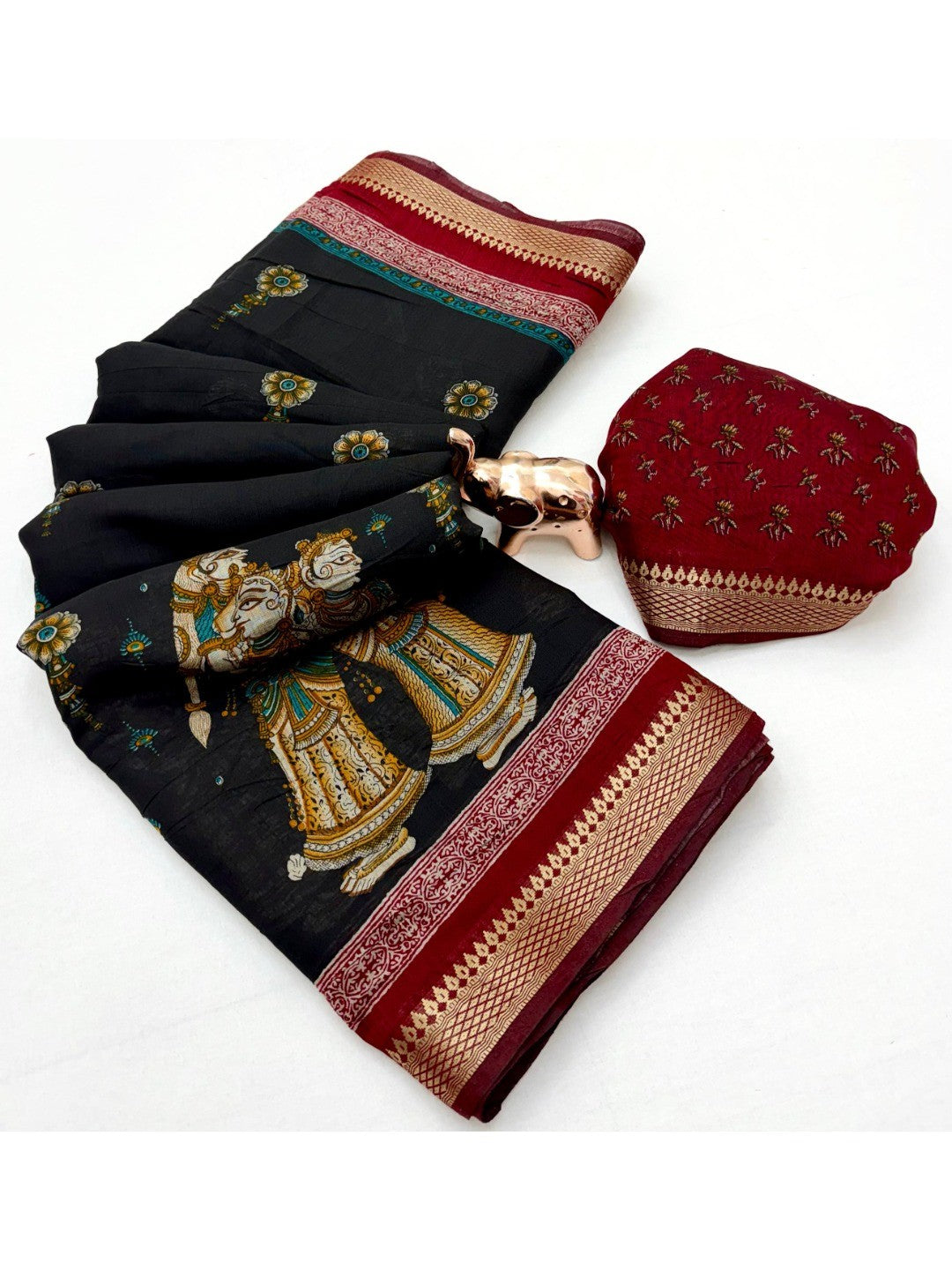 Peachmode Black Mangalagiri Silk Saree - Design E - Image 4