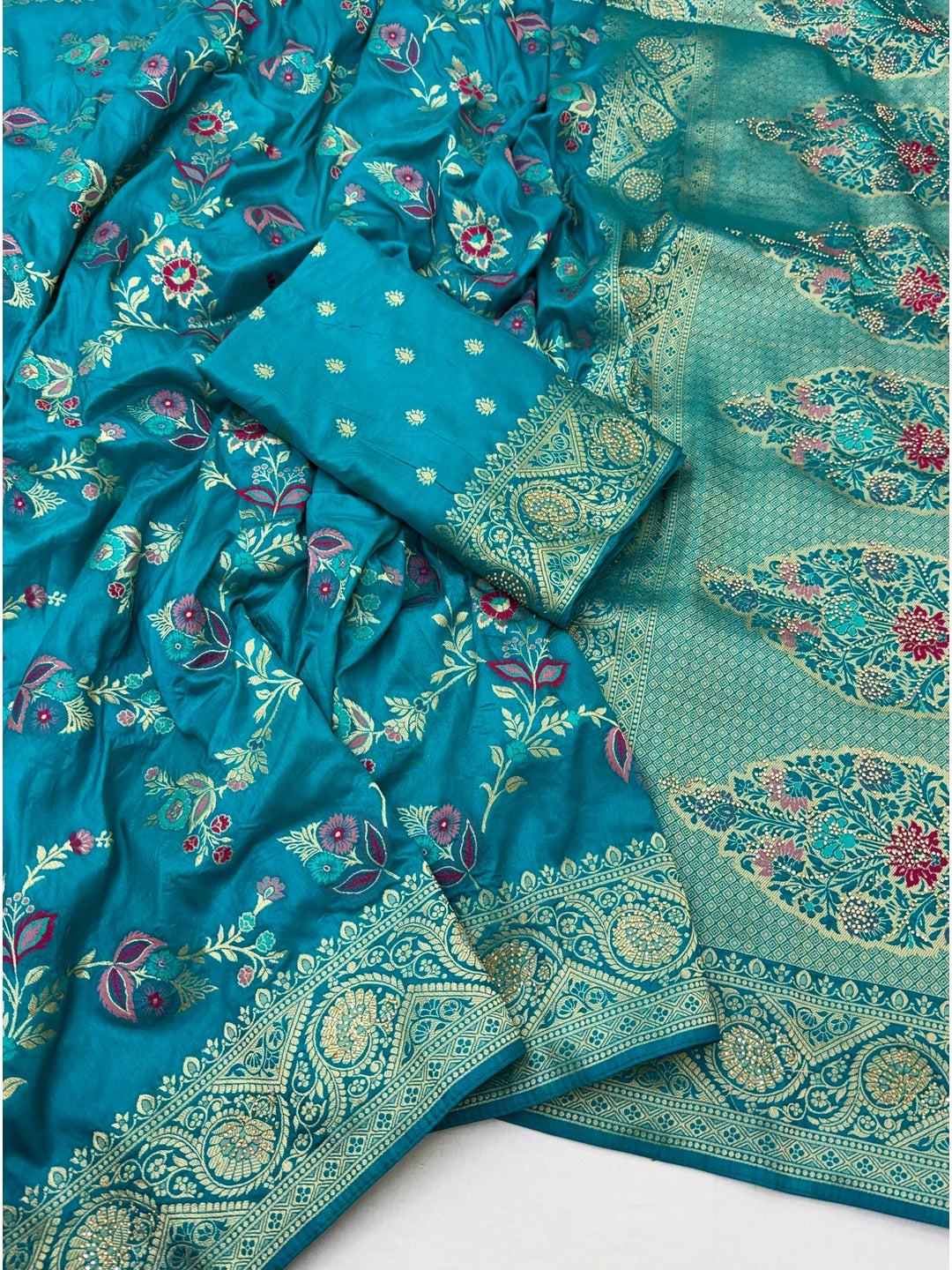 Peachmode Turquoise Soft Dola Silk Zari Work Saree - Image 2