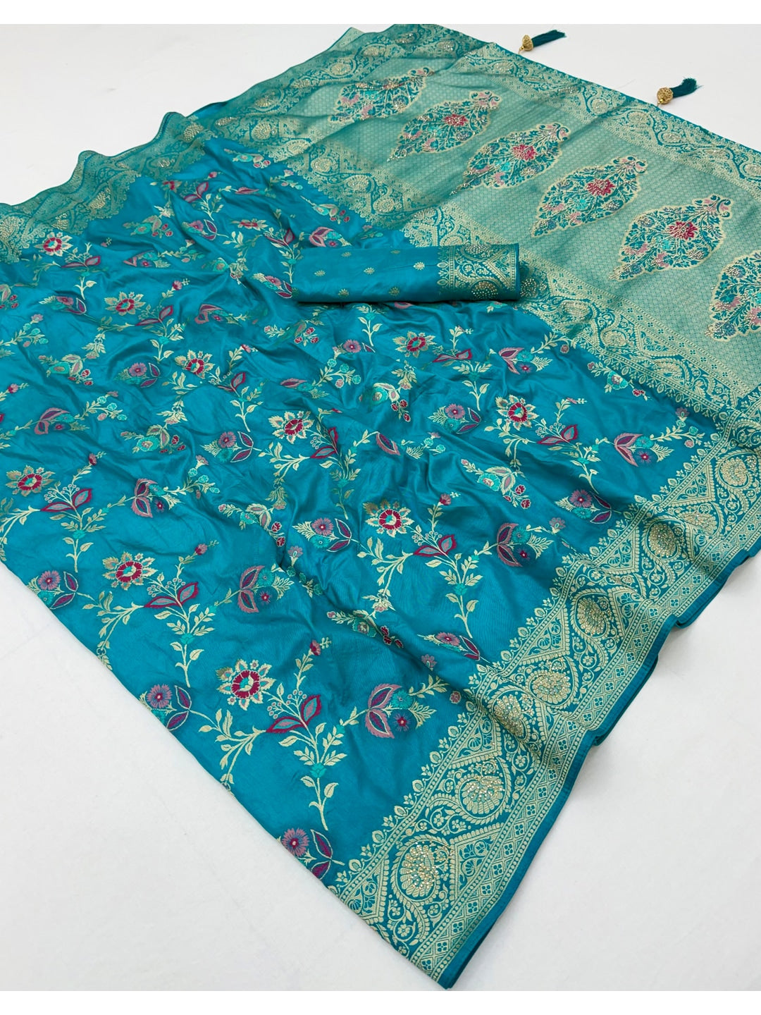 Peachmode Turquoise Soft Dola Silk Zari Work Saree - Image 3