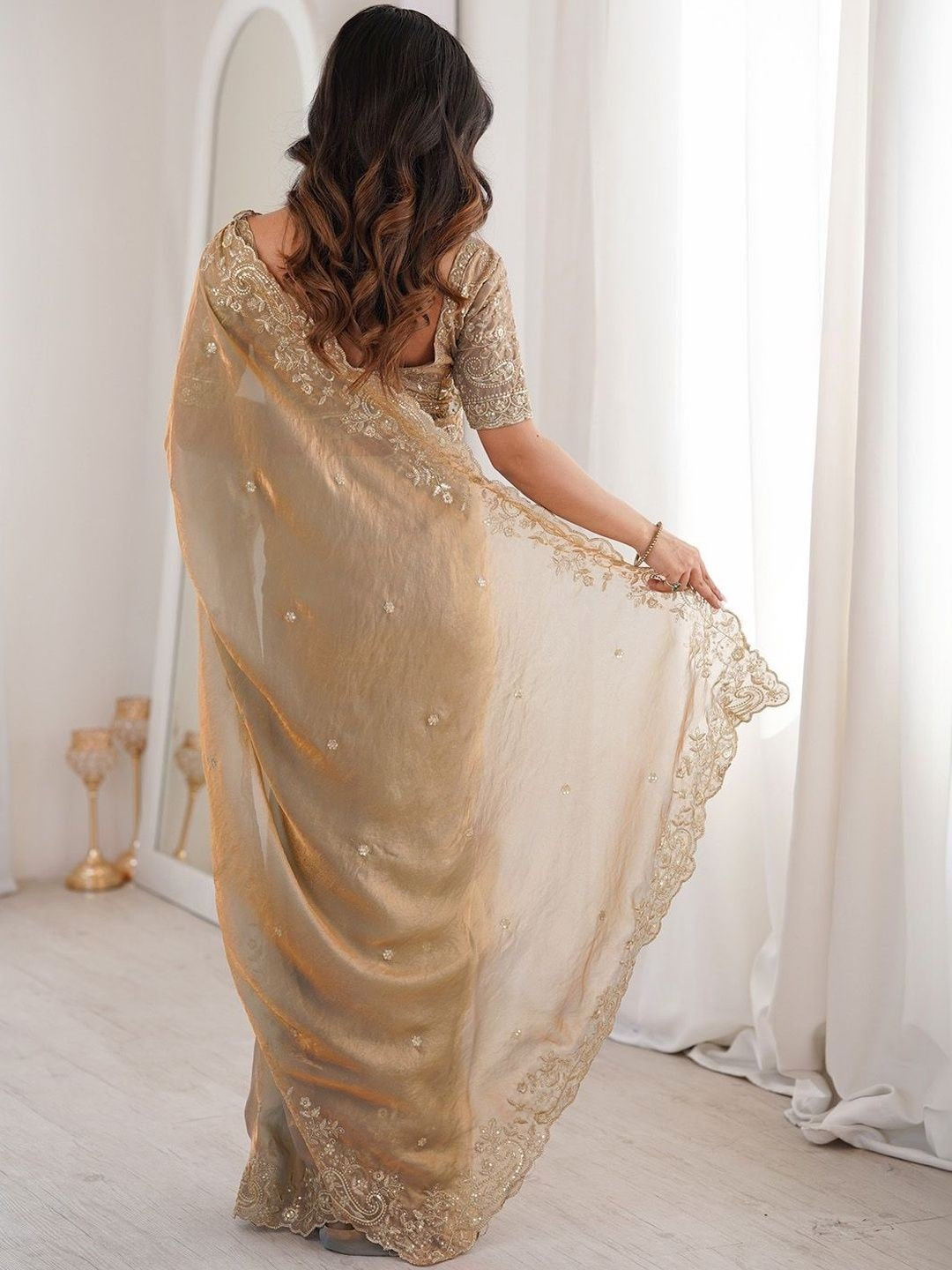 Peachmode Beige Fendi Satin Embroidered Saree - Image 3