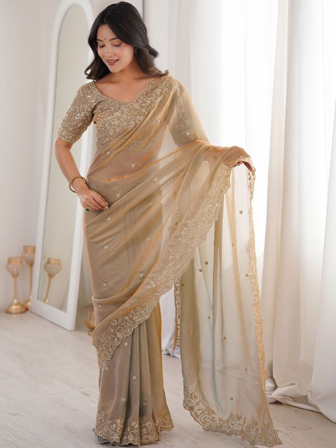 Peachmode Beige Fendi Satin Embroidered Saree - Image 4