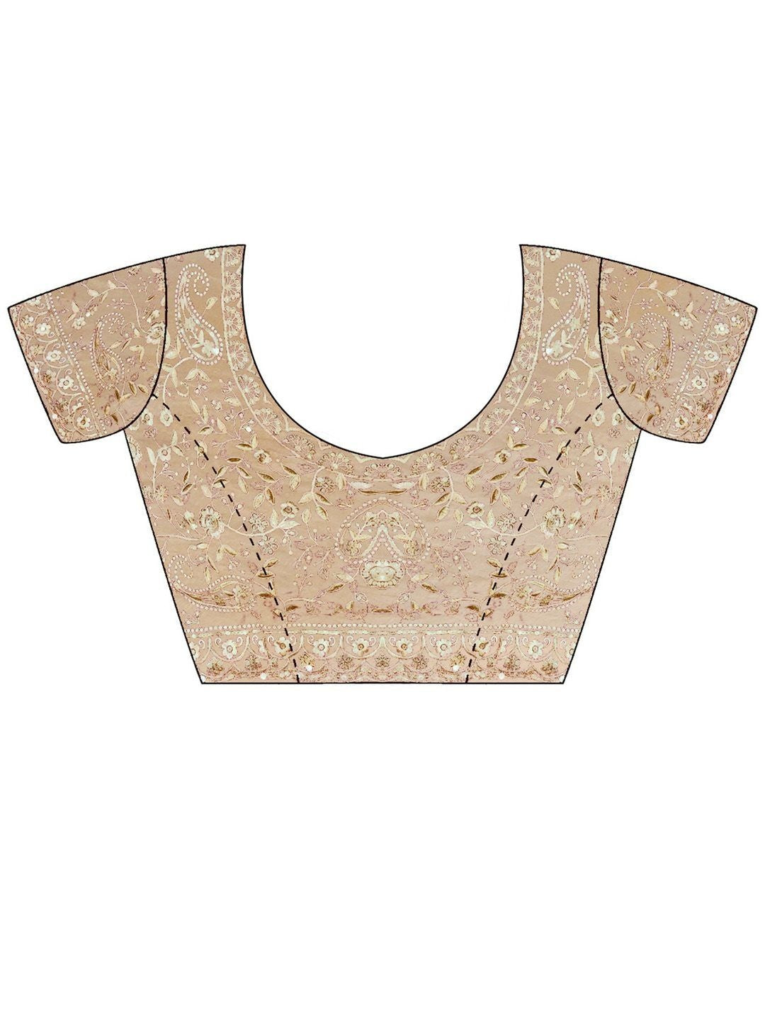 Peachmode Beige Fendi Satin Embroidered Saree - Image 6