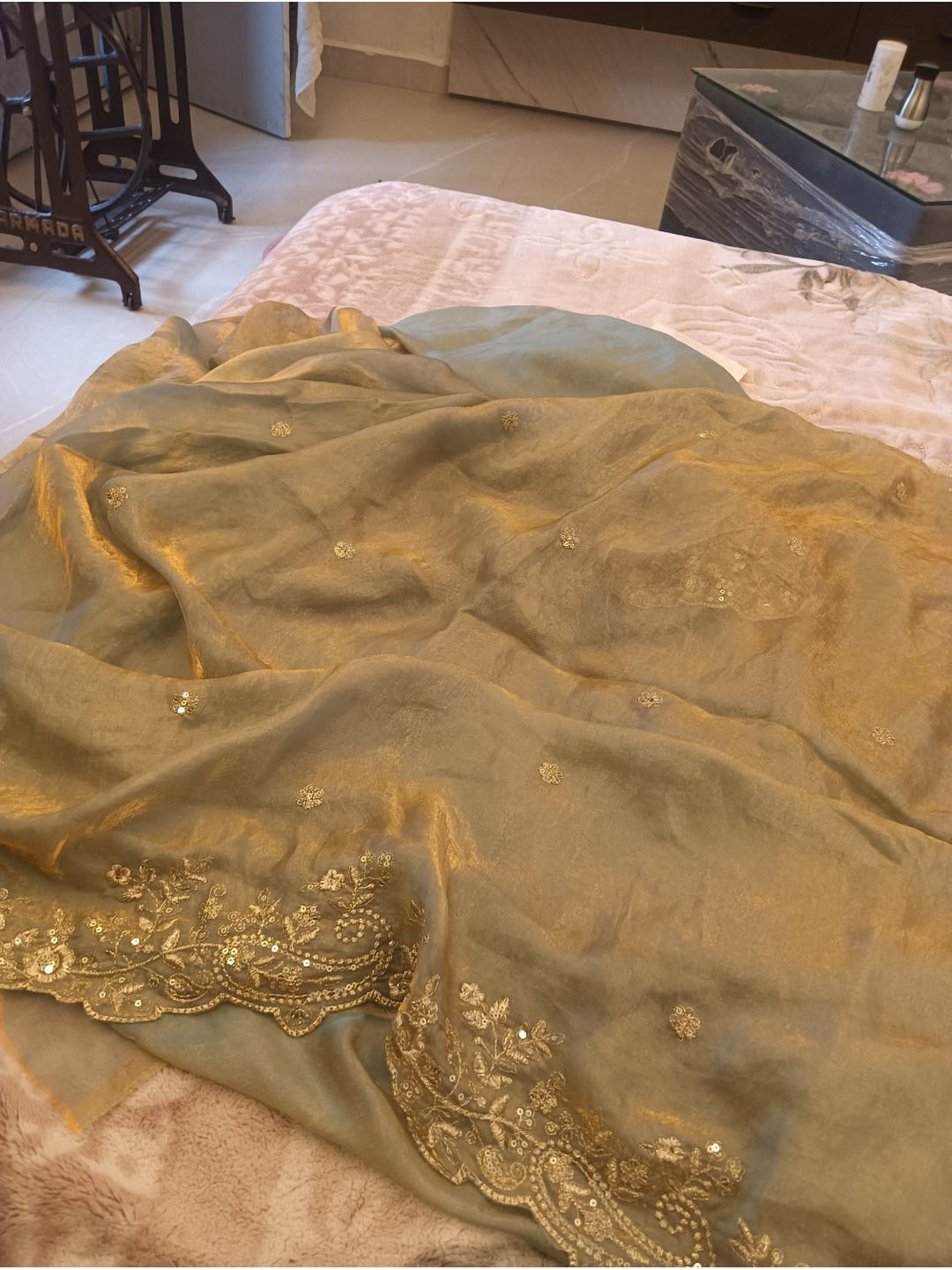 Peachmode Beige Fendi Satin Embroidered Saree - Image 9