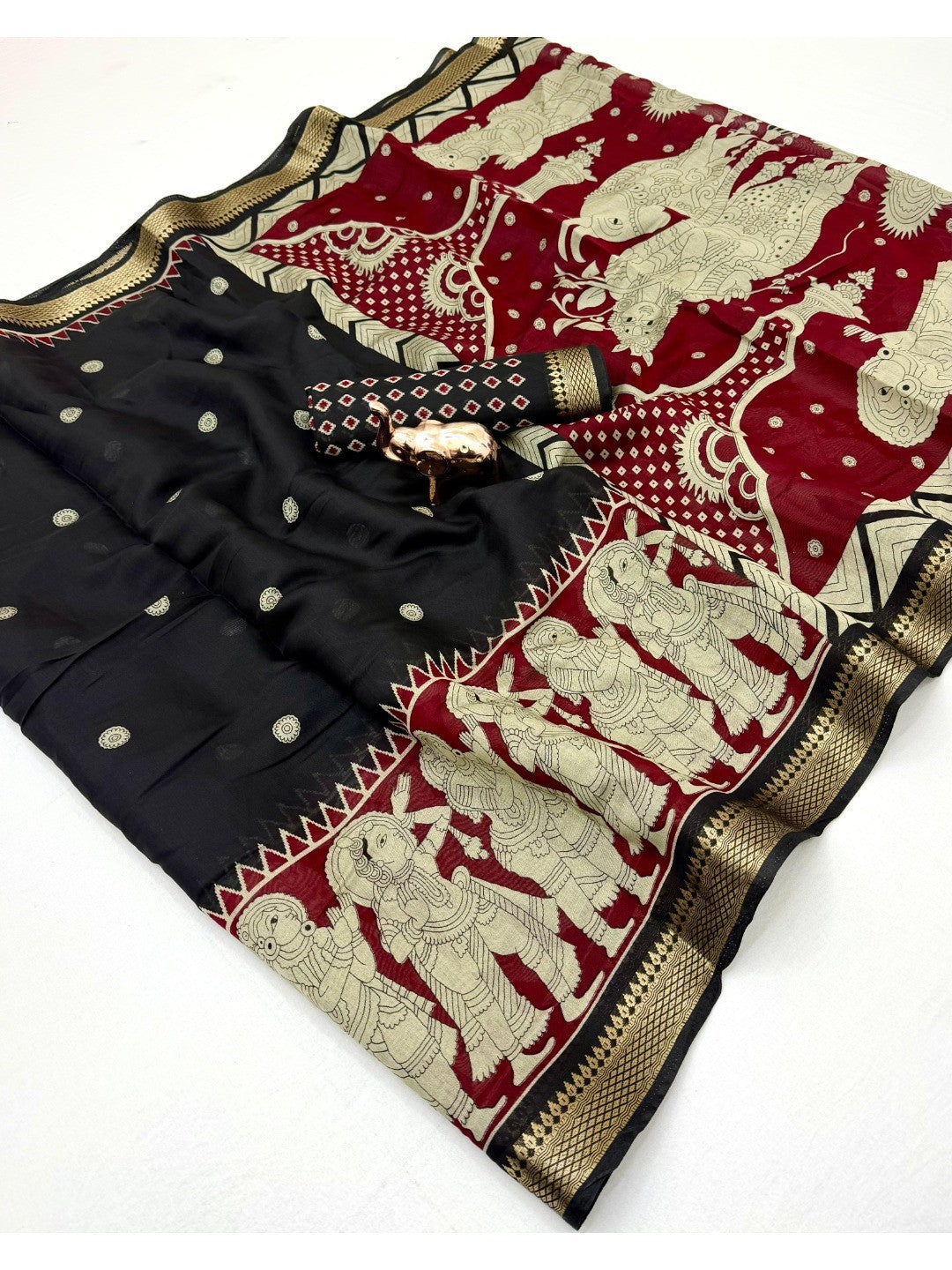 Peachmode Black Mangalagiri Silk Saree - Design B - Image 3
