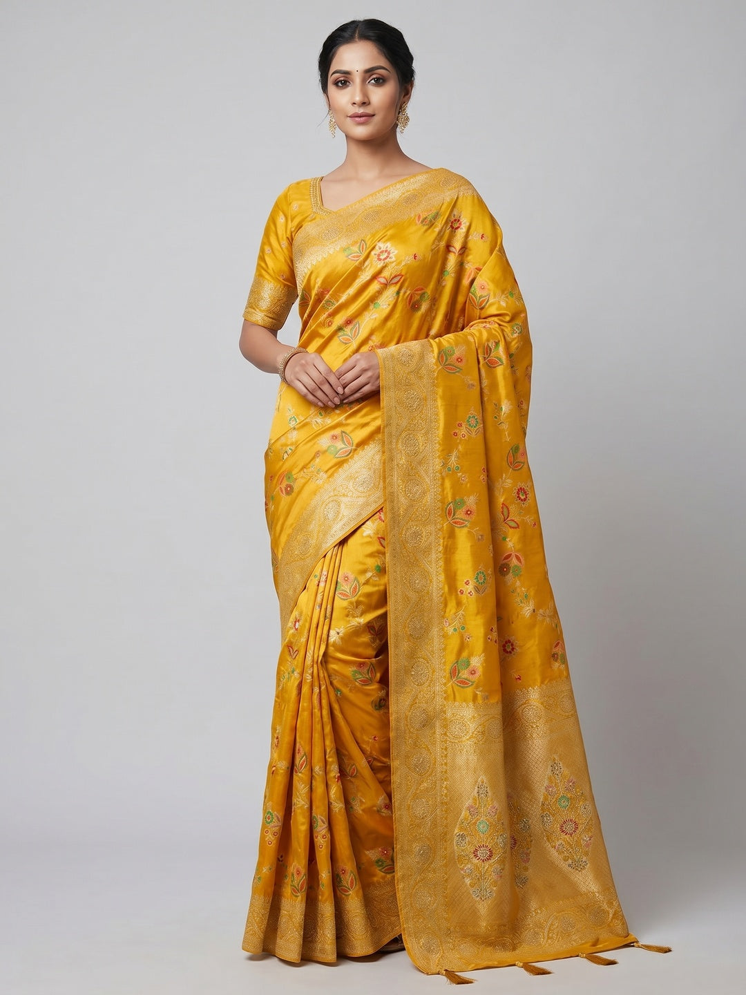 Peachmode Yellow Soft Dola Silk Zari Work Saree - Image 1