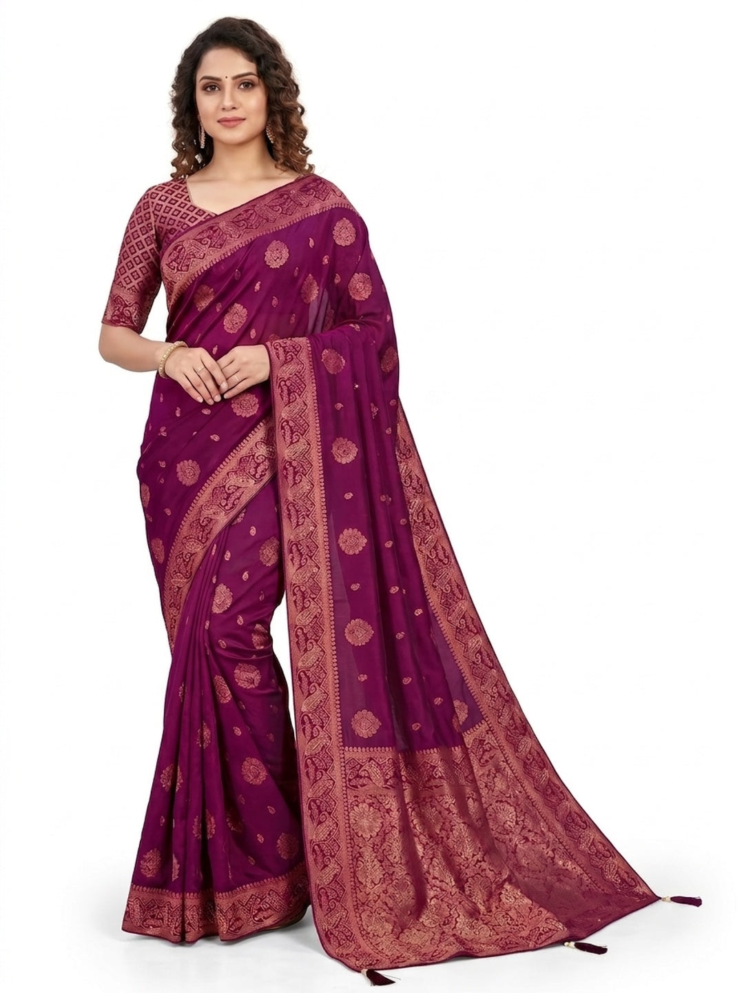 Peachmode Purple Soft Dola Silk Zari Work Saree - Image 4