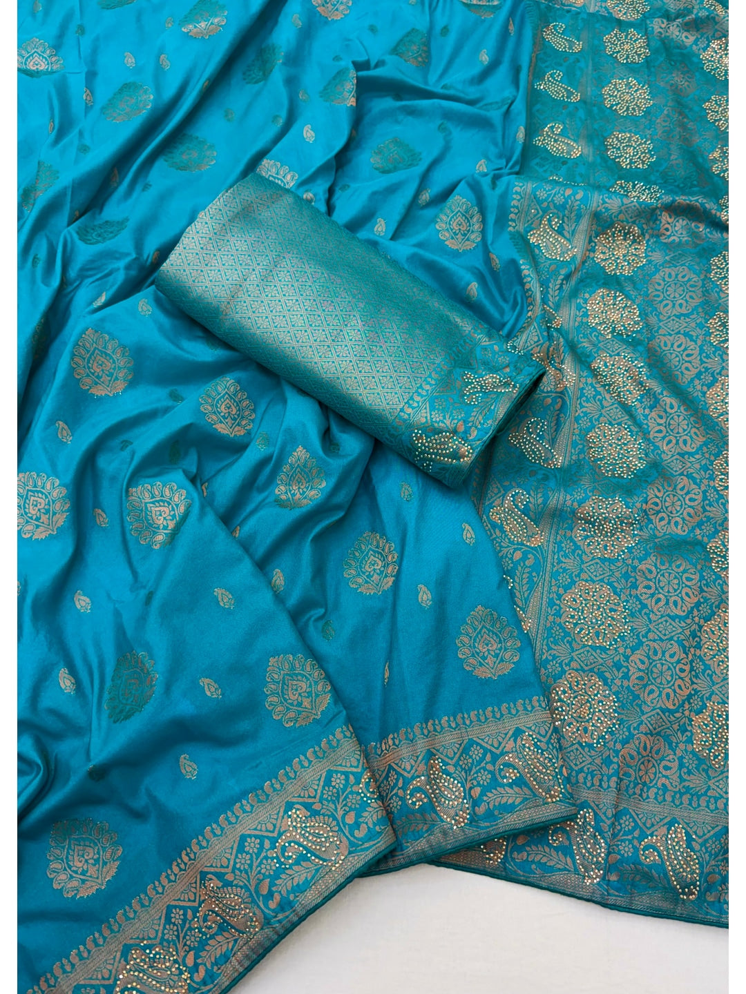 Peachmode Turquoise Soft Dola Silk Zari Work Saree - Image 2