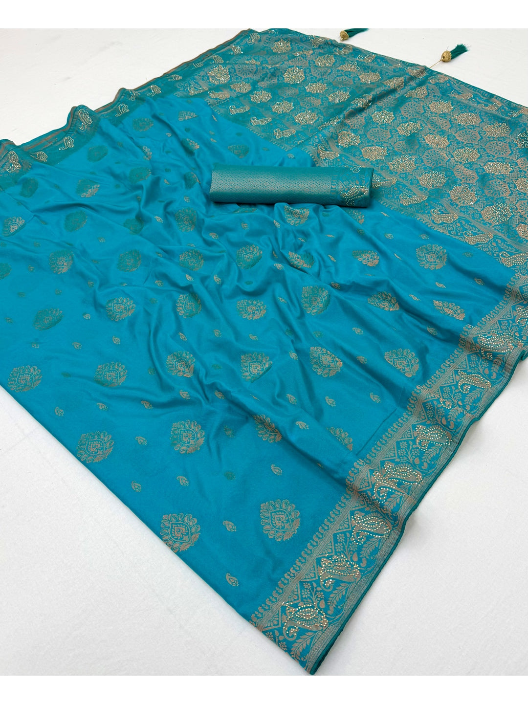 Peachmode Turquoise Soft Dola Silk Zari Work Saree - Image 3