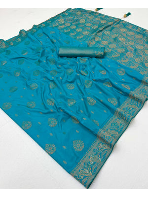 Peachmode Turquoise Soft Dola Silk Zari Work Saree - Image 3