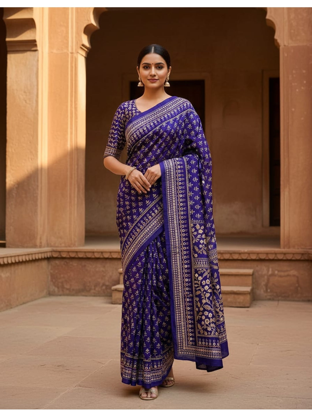 Peachmode Purple Chinnon Silk Saree with Mirror Work - Image 1