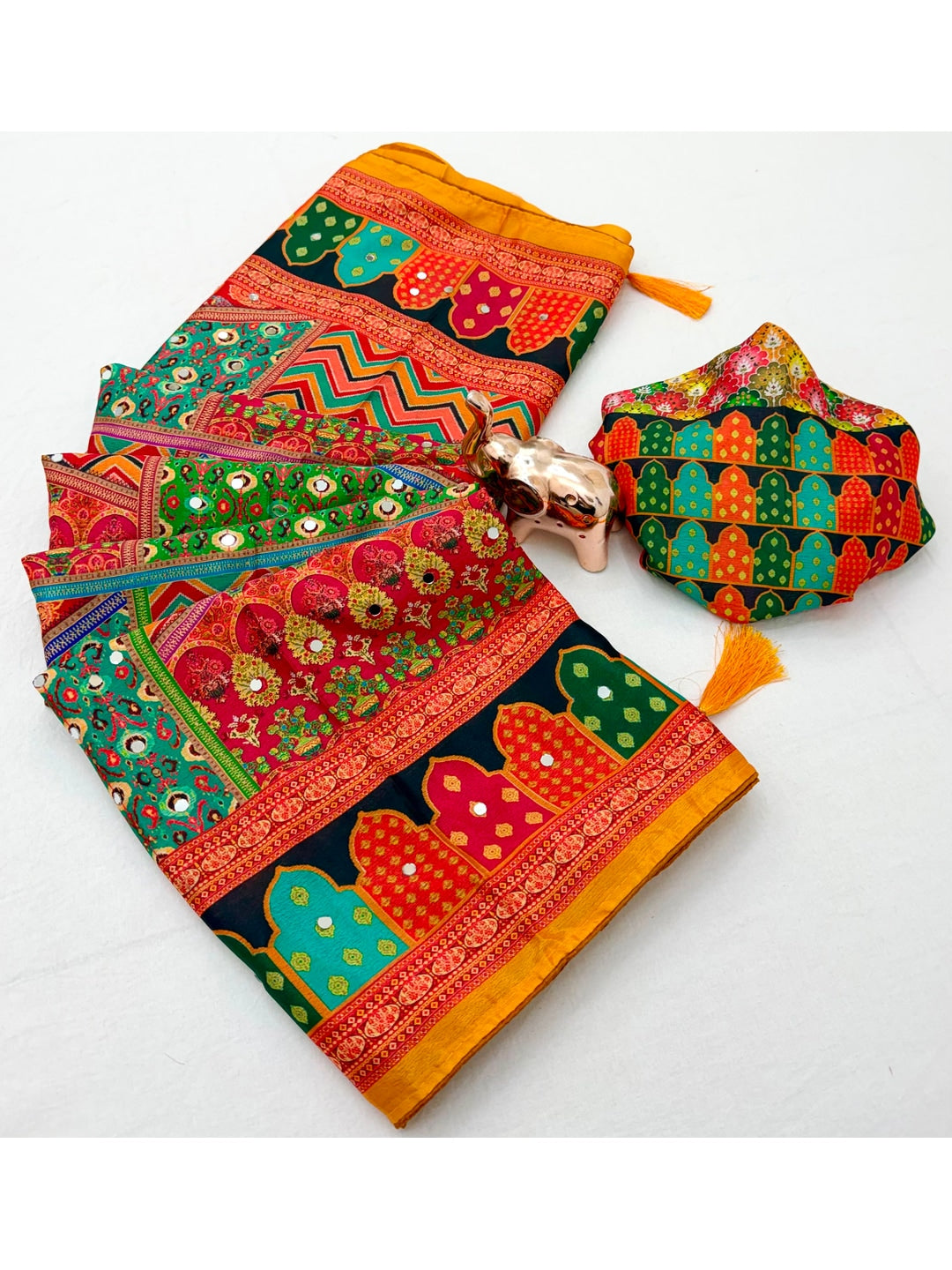 Peachmode Multicolor Chinon Silk Saree with Mirror Work - Image 3
