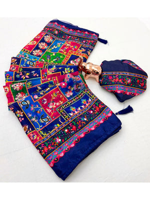 Peachmode Navy Blue Chinnon Silk Saree with Mirror Work - Image 2