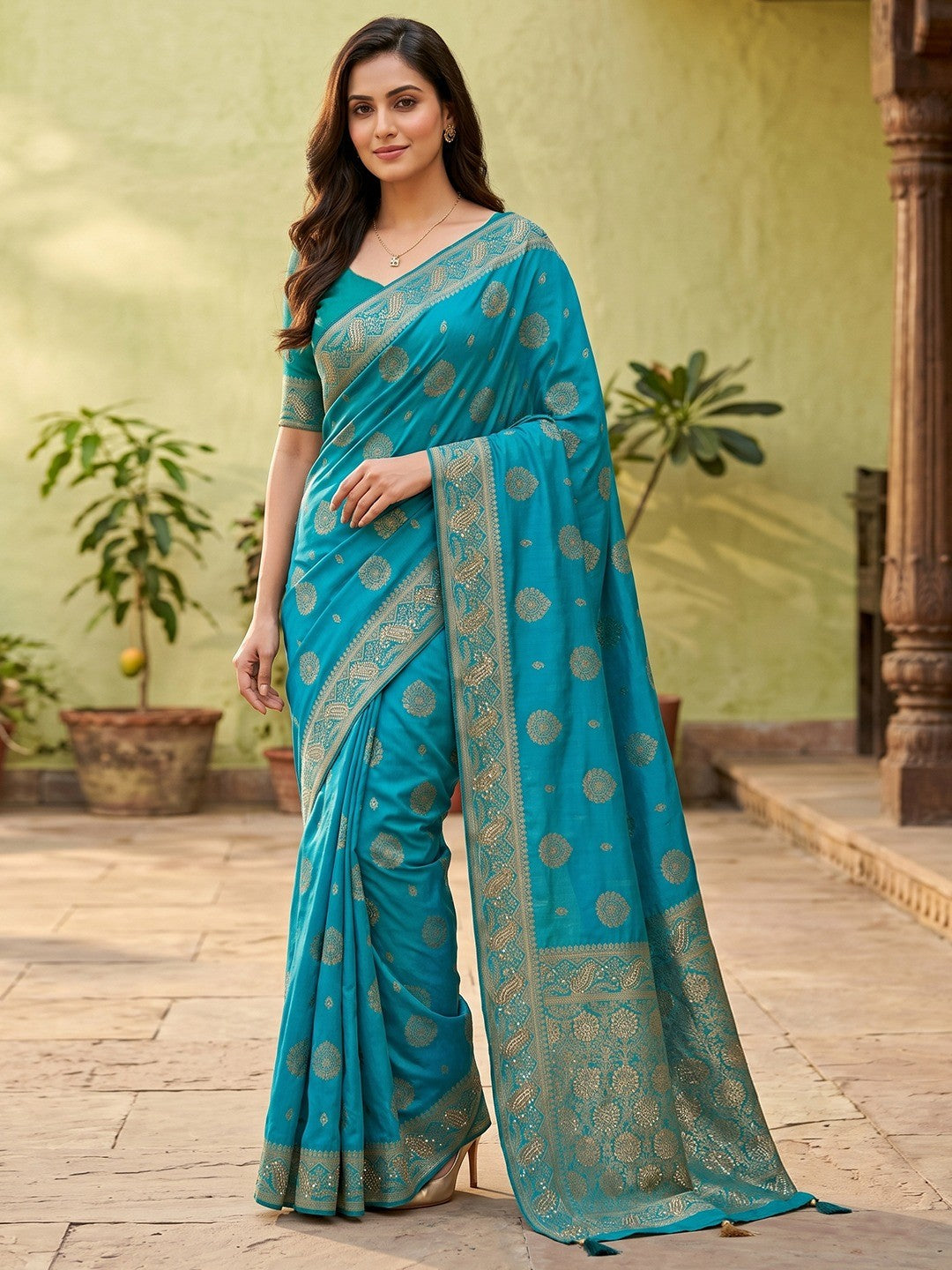 Peachmode Turquoise Soft Dola Silk Zari Work Saree - Image 1