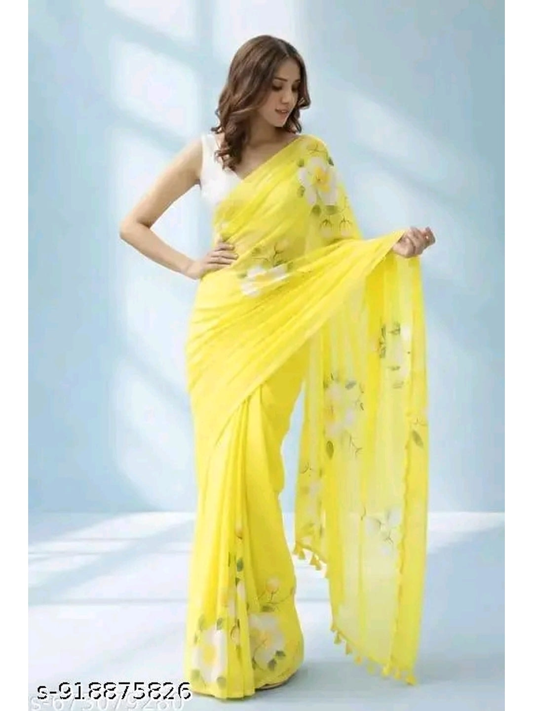 Peachmode Yellow Linen Floral Printed Saree - Image 2 — included in Everyday Duo pack of 2