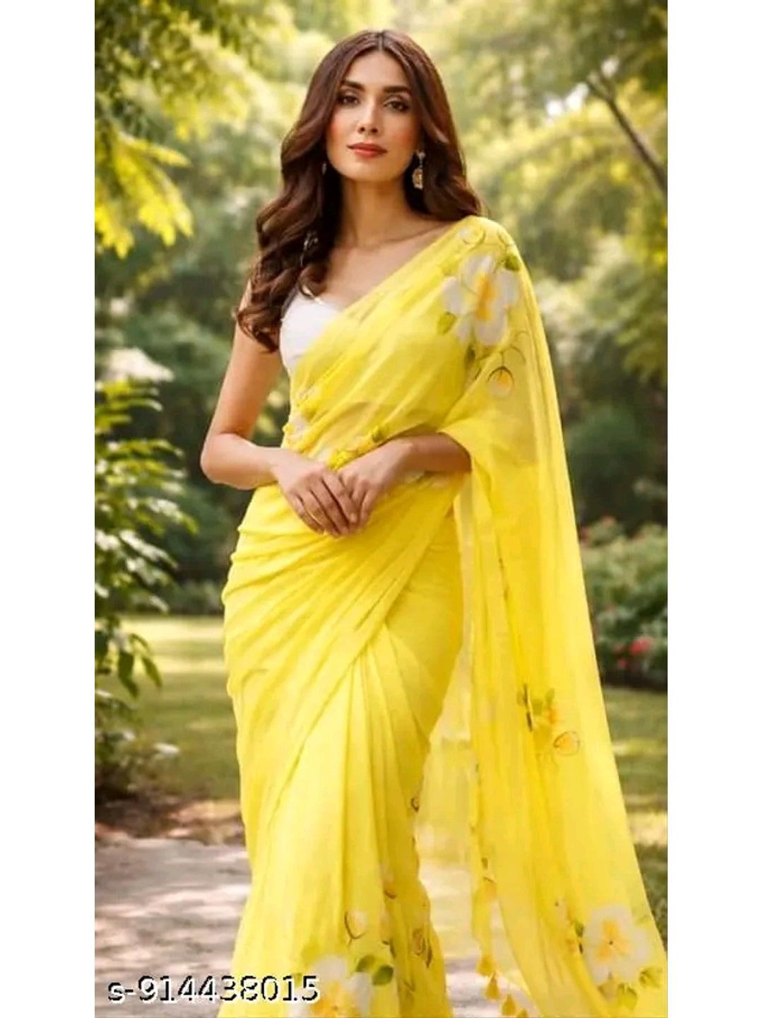 Peachmode Yellow Linen Floral Printed Saree - Image 4