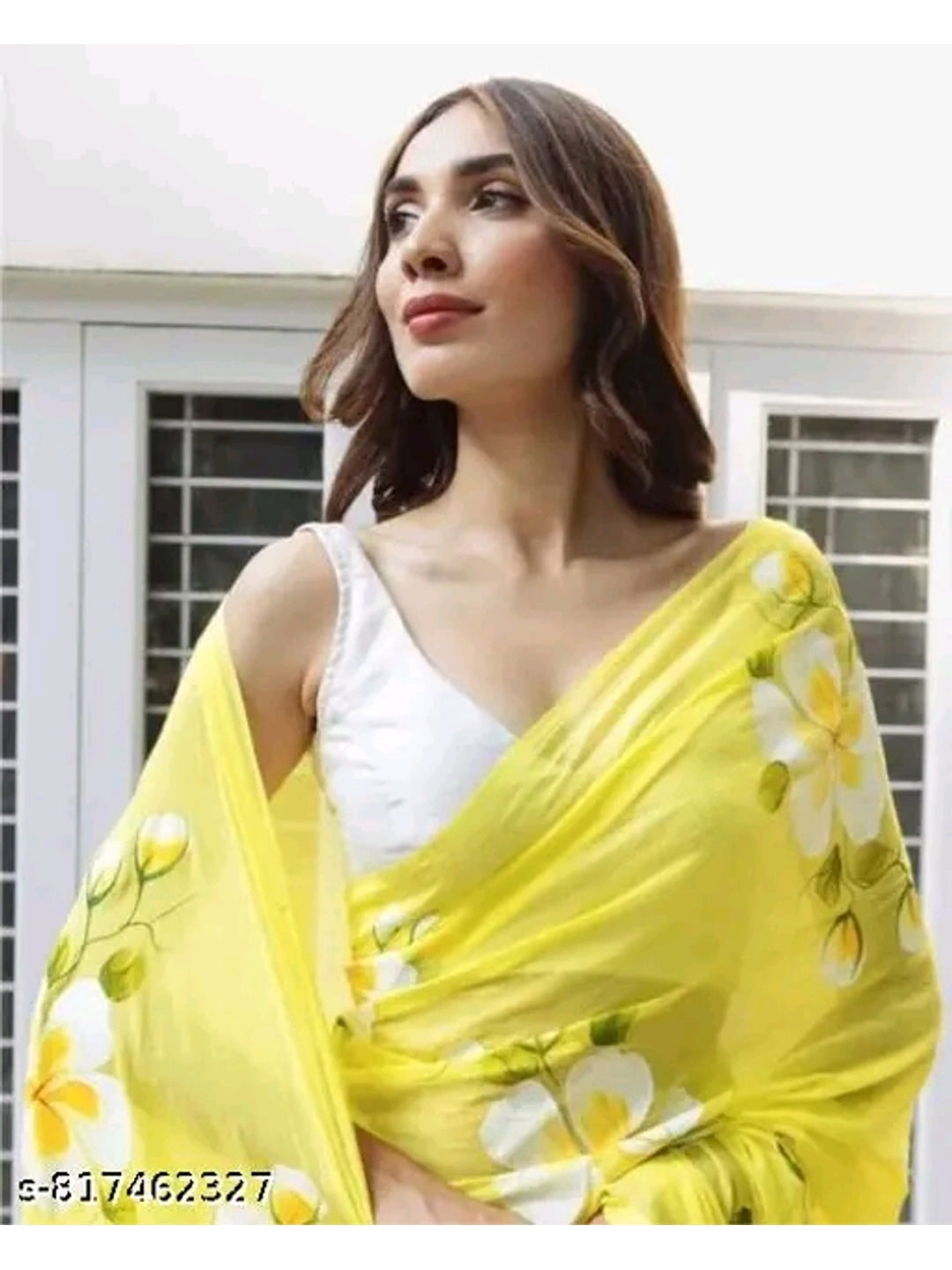 Peachmode Yellow Linen Floral Printed Saree - Image 5