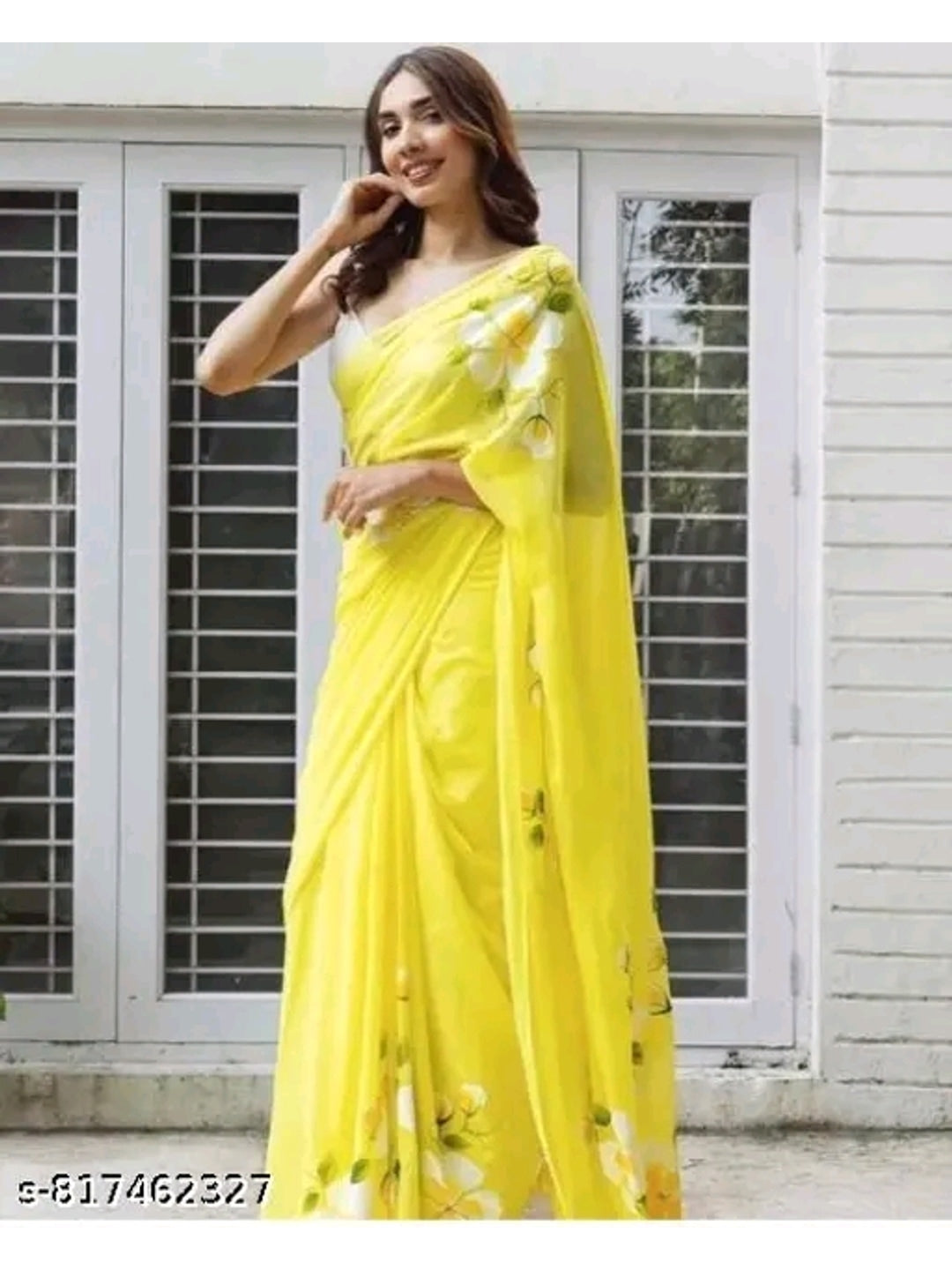 Peachmode Yellow Linen Floral Printed Saree - Image 6