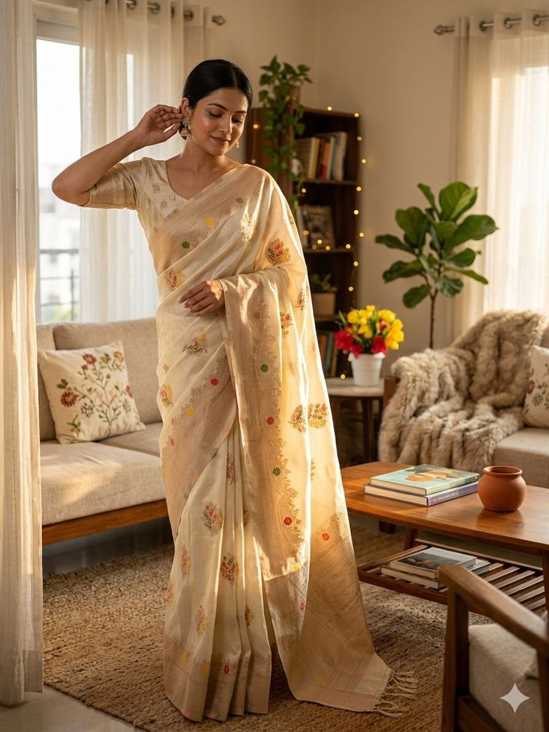 Peachmode Cream Khadi Crepe Georgette Woven Saree - Image 1