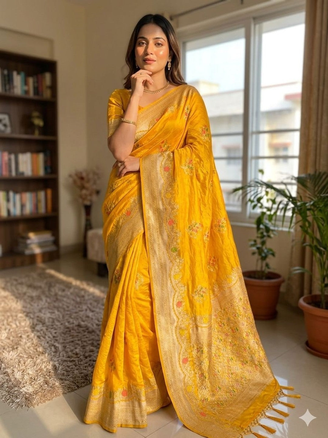 Peachmode Yellow Khadi Crepe Georgette Woven Saree - Image 1