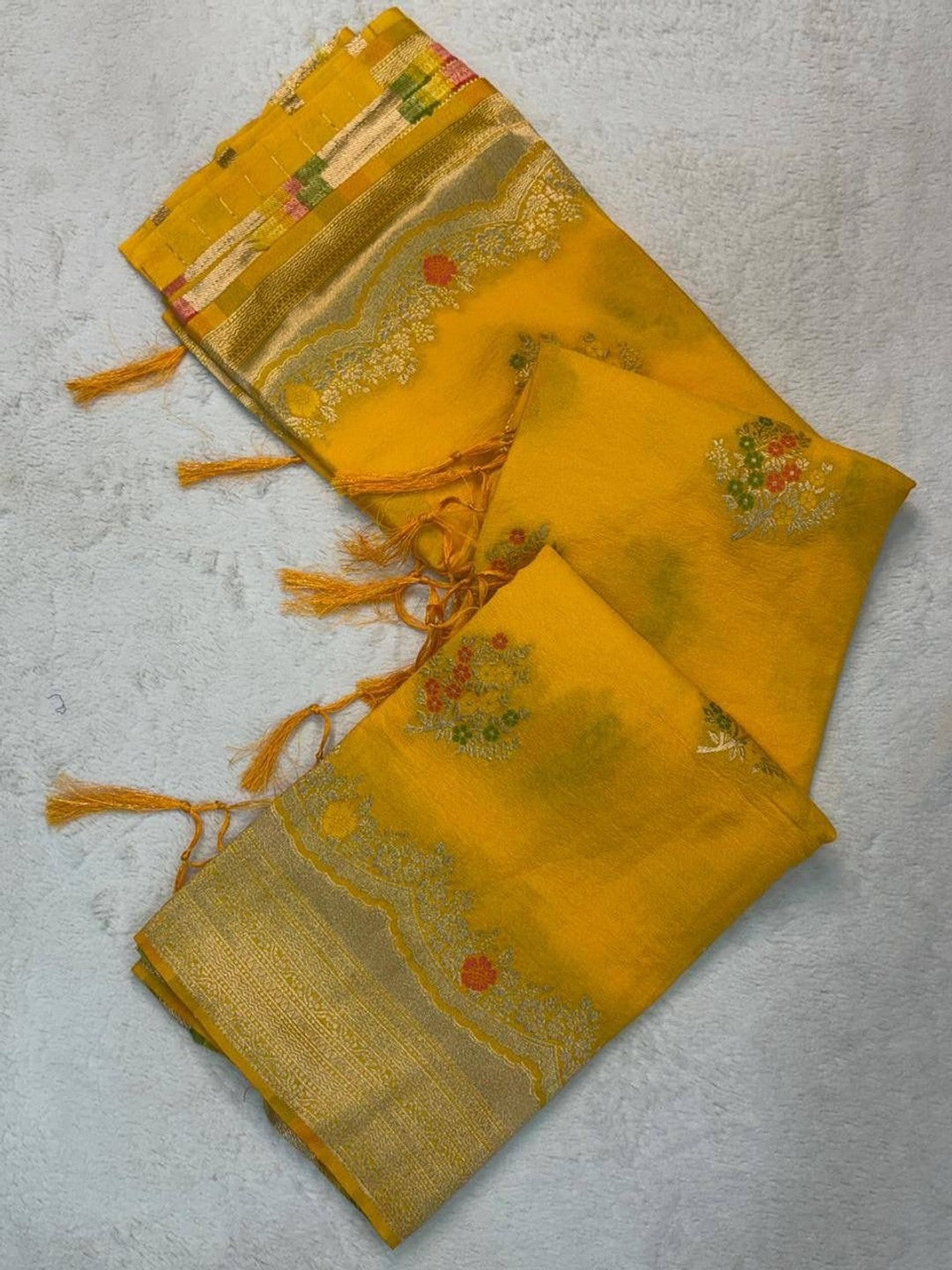 Peachmode Yellow Khadi Crepe Georgette Woven Saree - Image 3