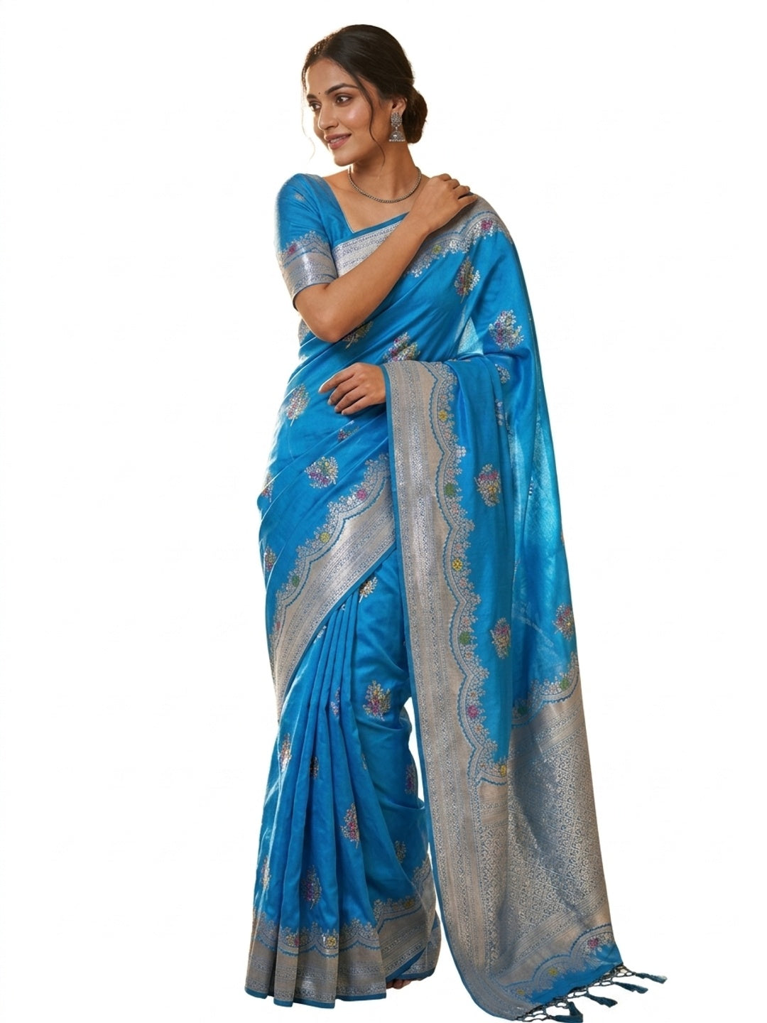 Peachmode Blue Khadi Crepe Georgette Woven Saree - Image 5