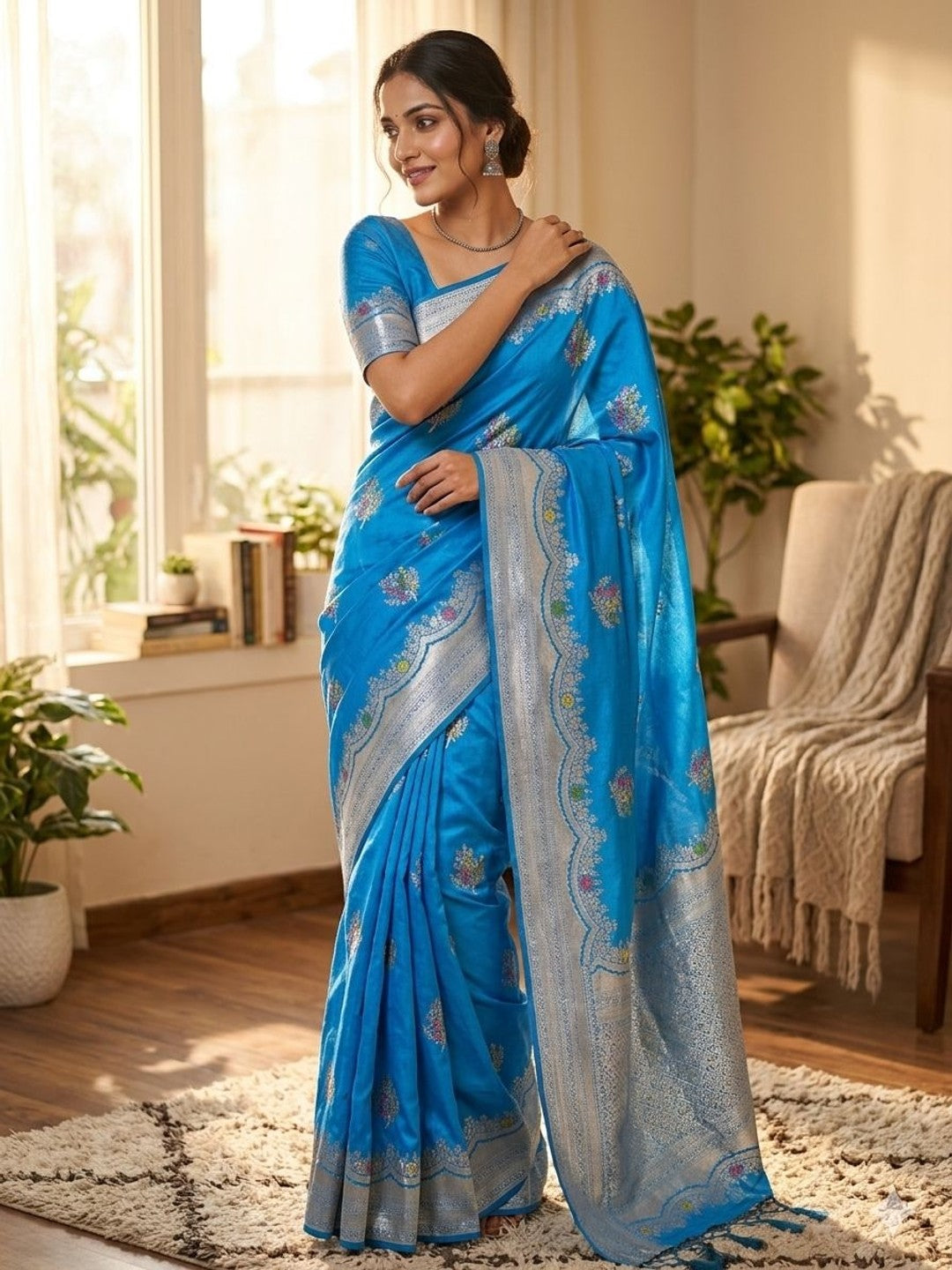 Peachmode Blue Khadi Crepe Georgette Woven Saree - Image 1