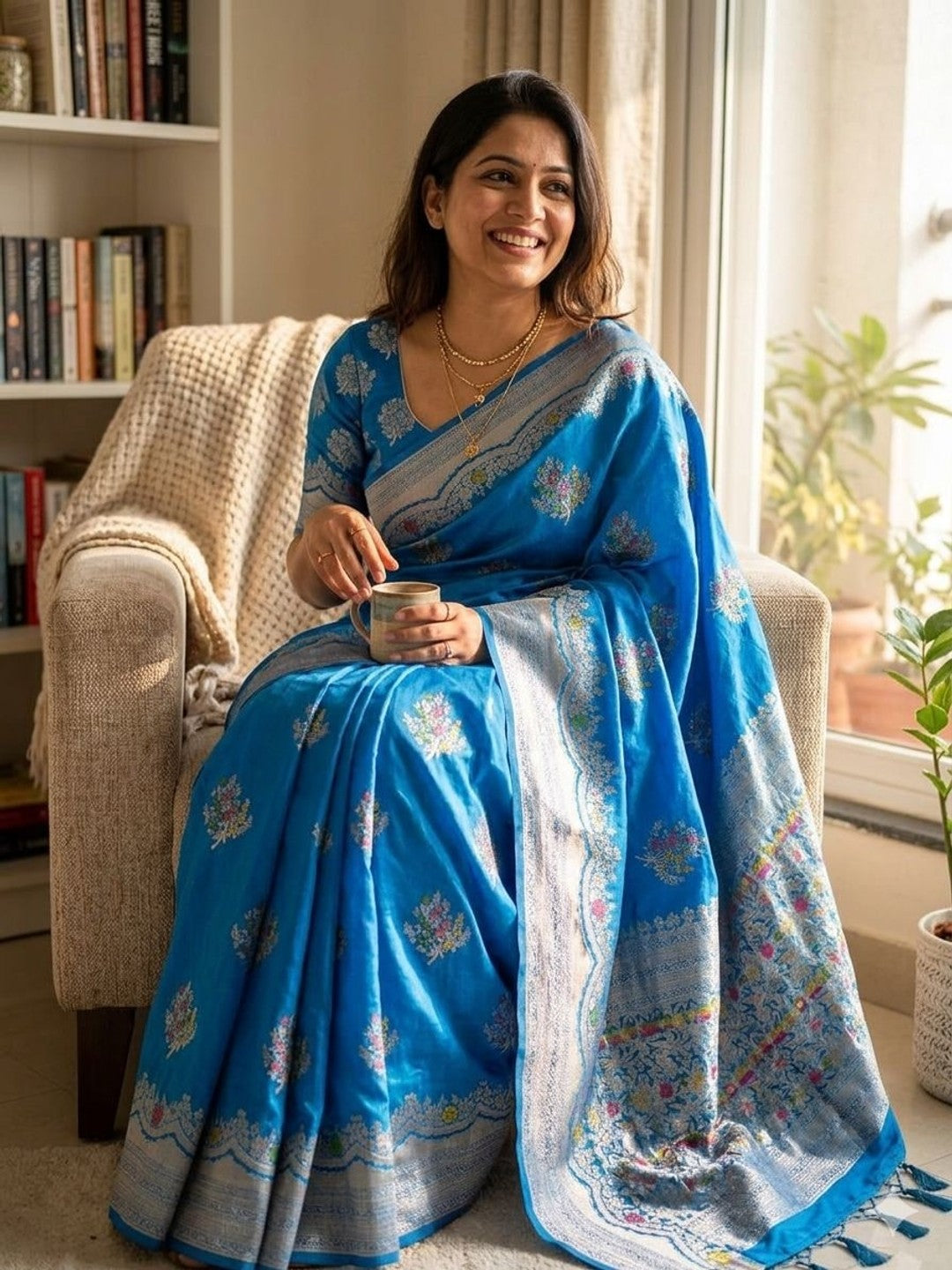 Peachmode Blue Khadi Crepe Georgette Woven Saree - Image 3