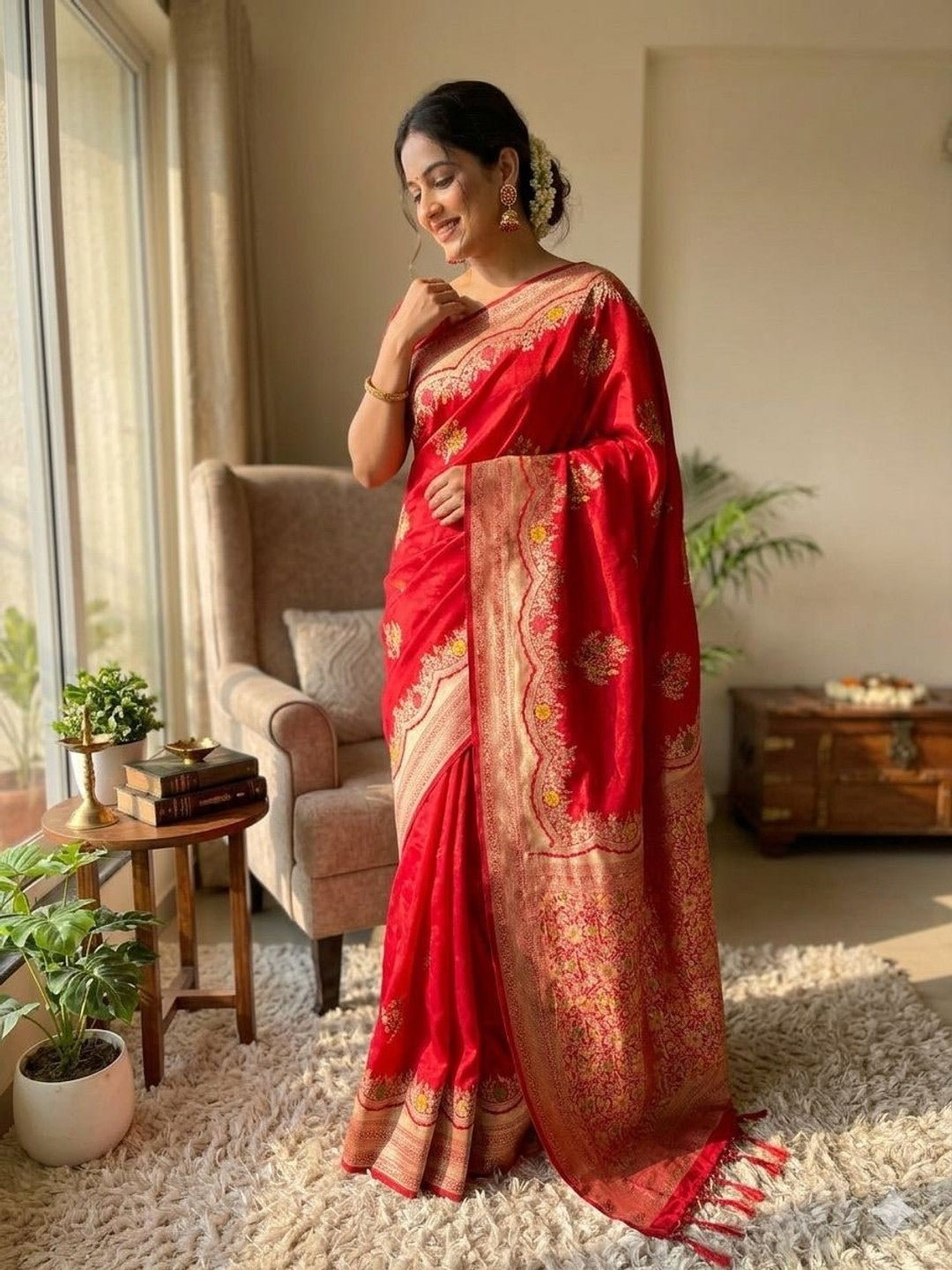 Peachmode Red Khadi Crepe Georgette Woven Saree - Image 1
