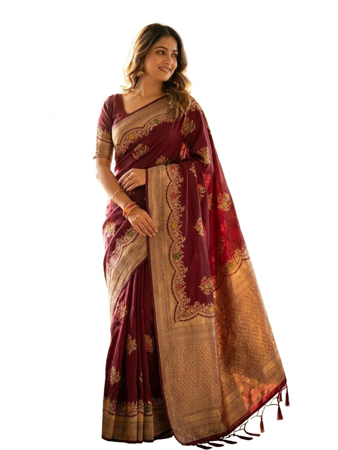 Peachmode Wine Khadi Crepe Georgette Woven Saree - Image 6