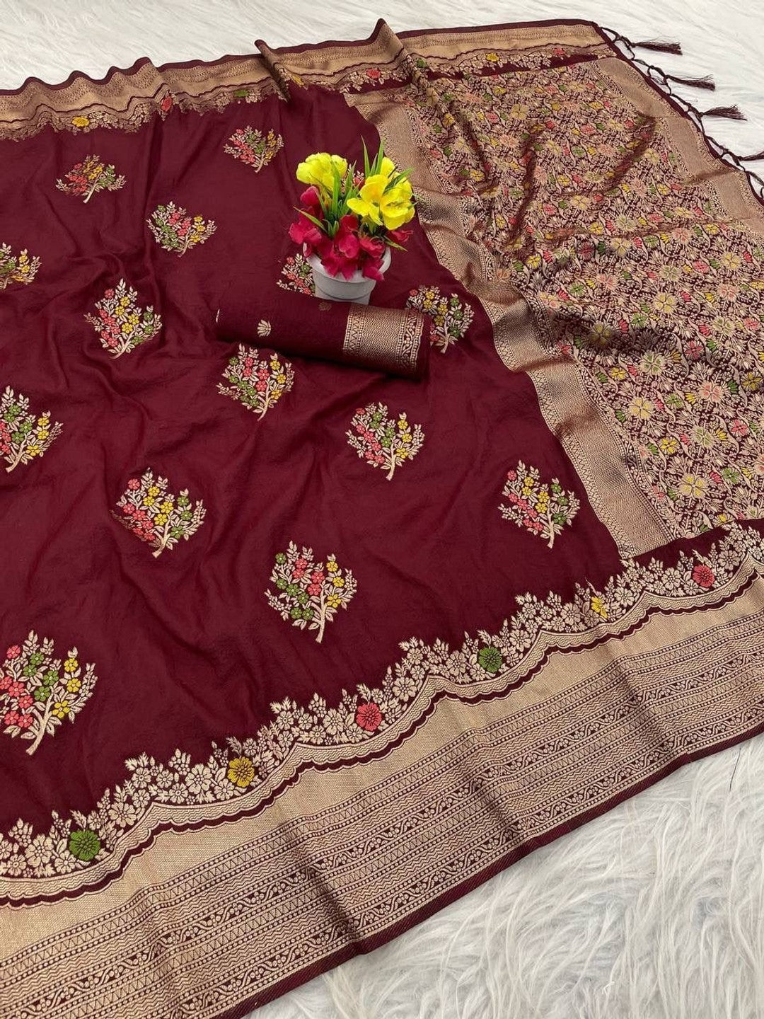 Peachmode Wine Khadi Crepe Georgette Woven Saree - Image 2