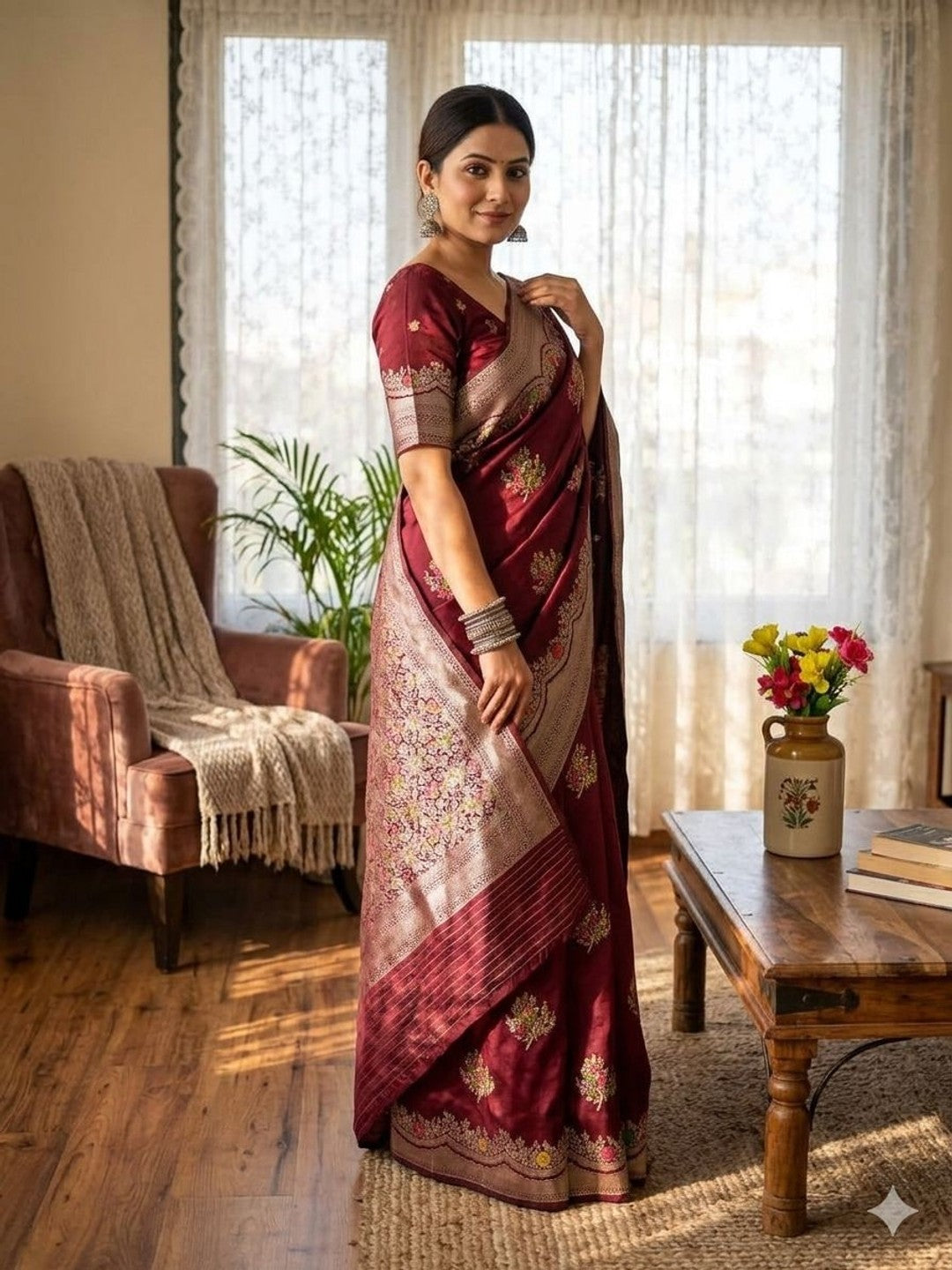 Peachmode Wine Khadi Crepe Georgette Woven Saree - Image 3