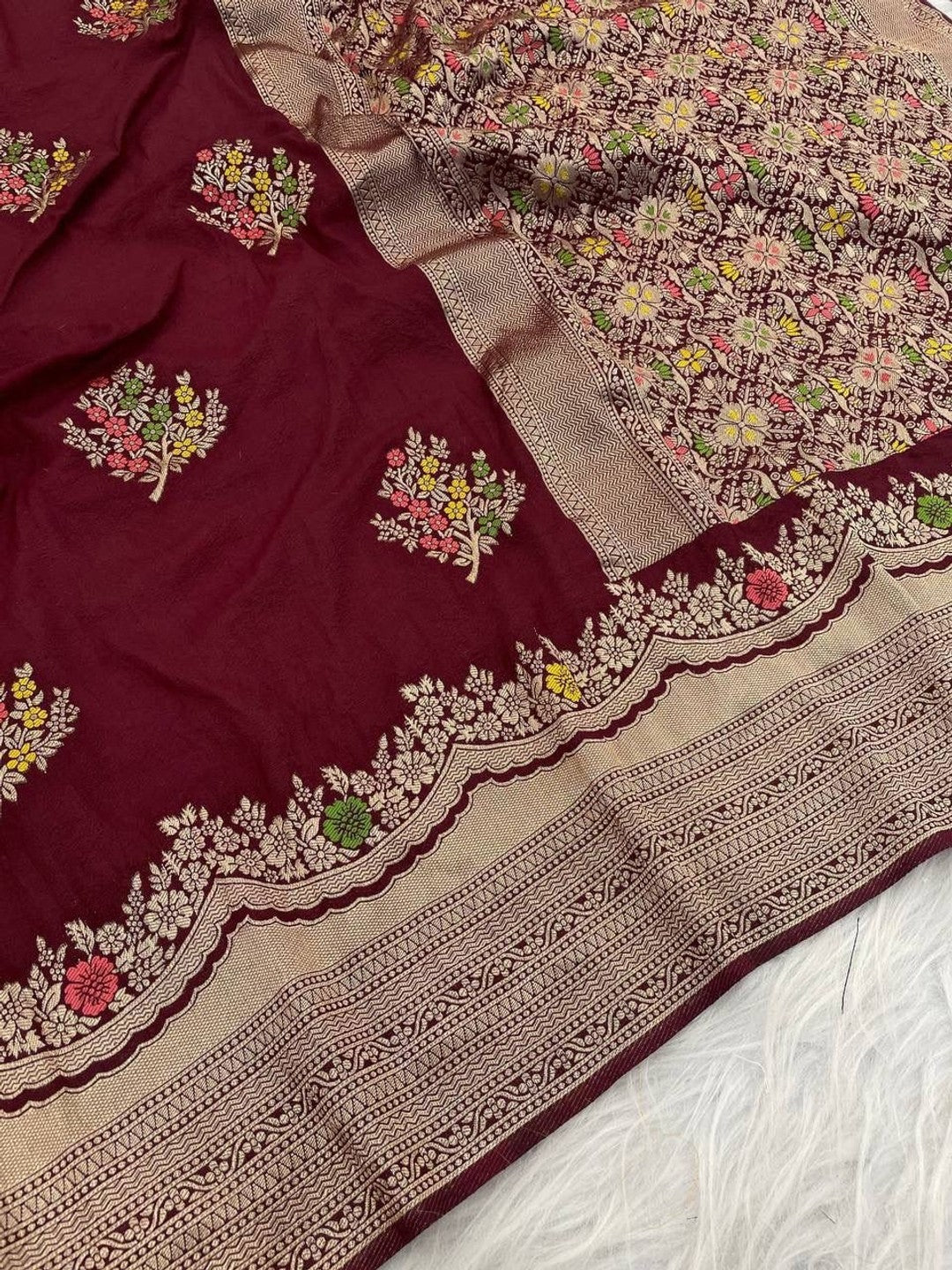 Peachmode Wine Khadi Crepe Georgette Woven Saree - Image 5