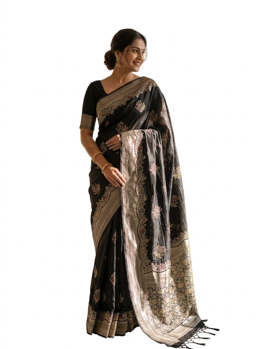 Peachmode Black Khadi Crepe Georgette Woven Saree - Image 6