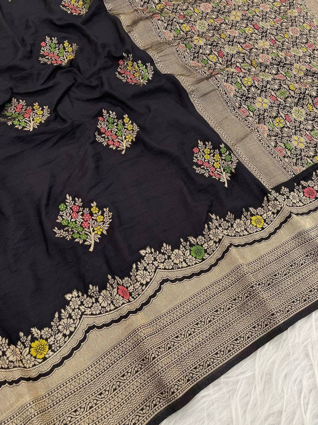 Peachmode Black Khadi Crepe Georgette Woven Saree - Image 5