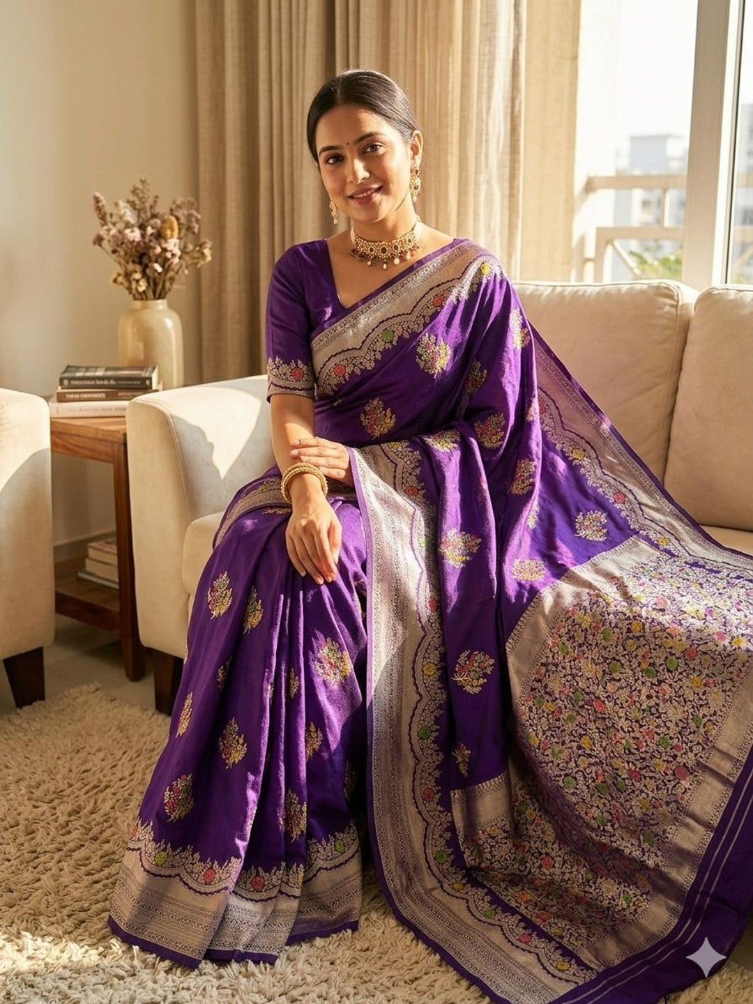 Peachmode Purple Khadi Crepe Georgette Woven Saree - Image 1