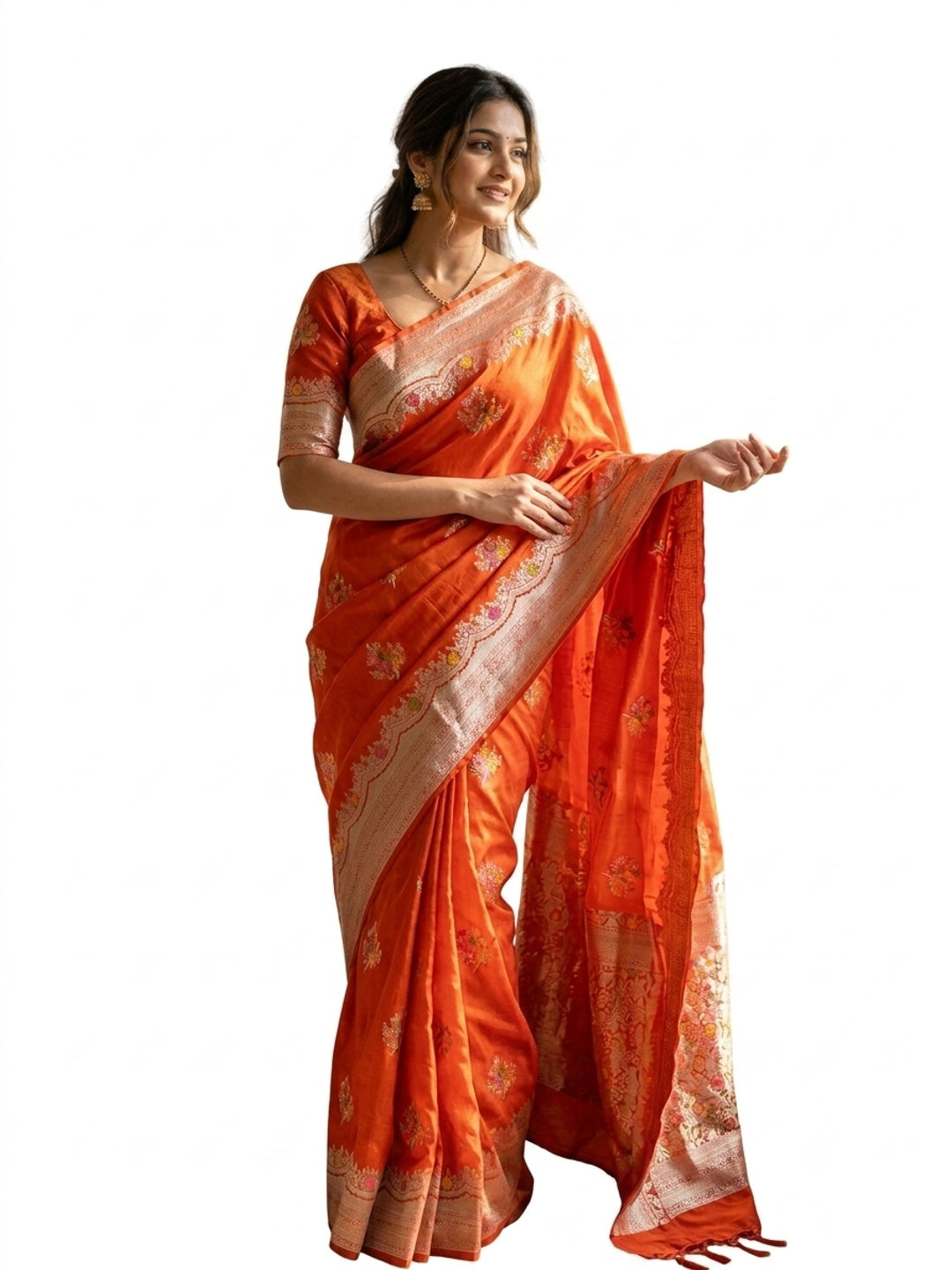 Peachmode Orange Khadi Crepe Georgette Woven Saree - Image 5