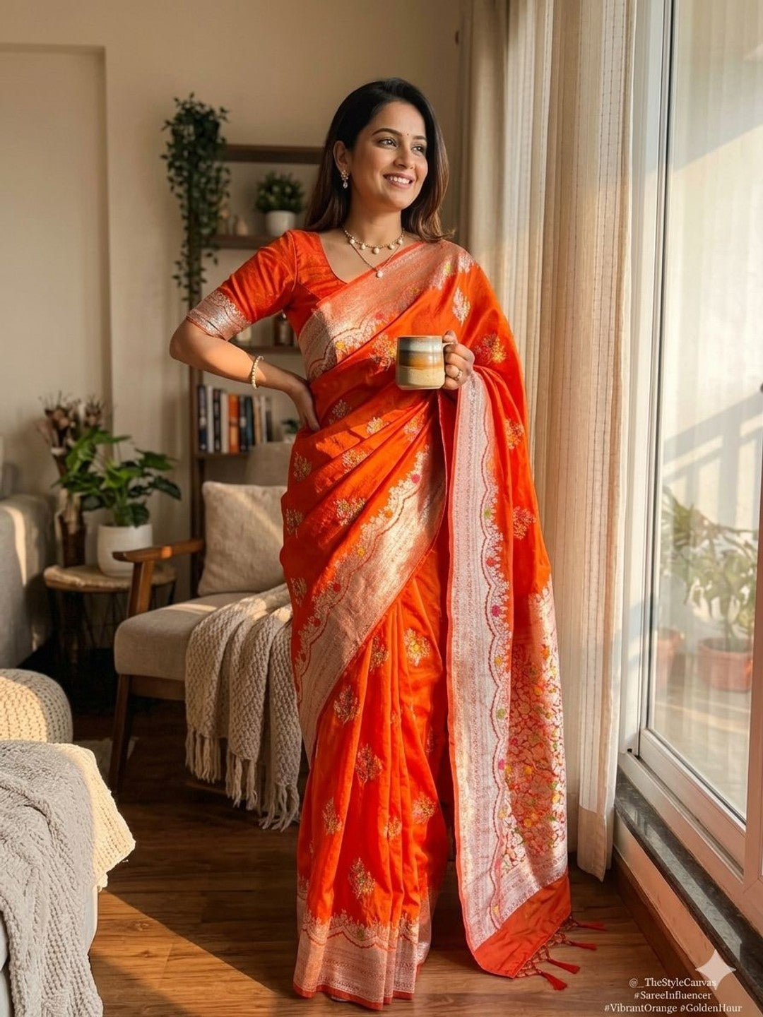 Peachmode Orange Khadi Crepe Georgette Woven Saree - Image 3