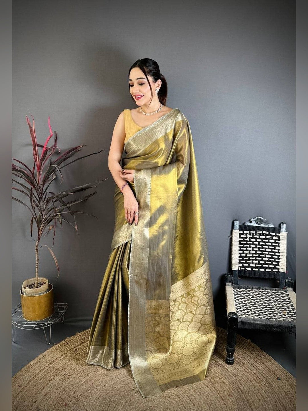 Peachmode Olive Banarasi Tissue Silk Zari Saree - Image 1