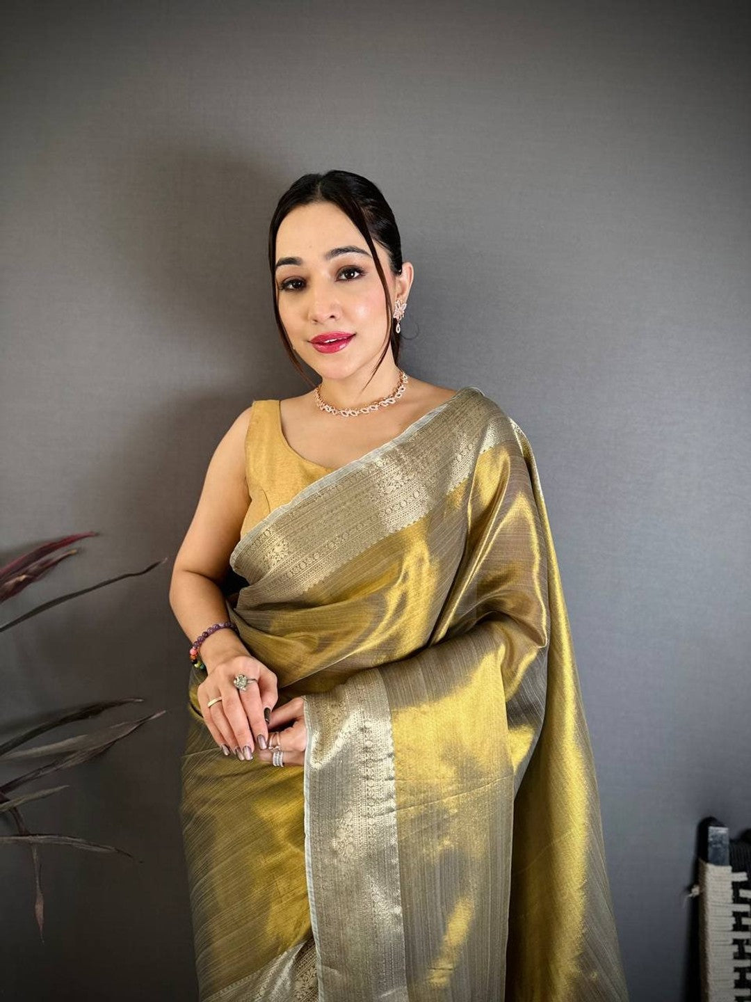 Peachmode Olive Banarasi Tissue Silk Zari Saree - Image 4